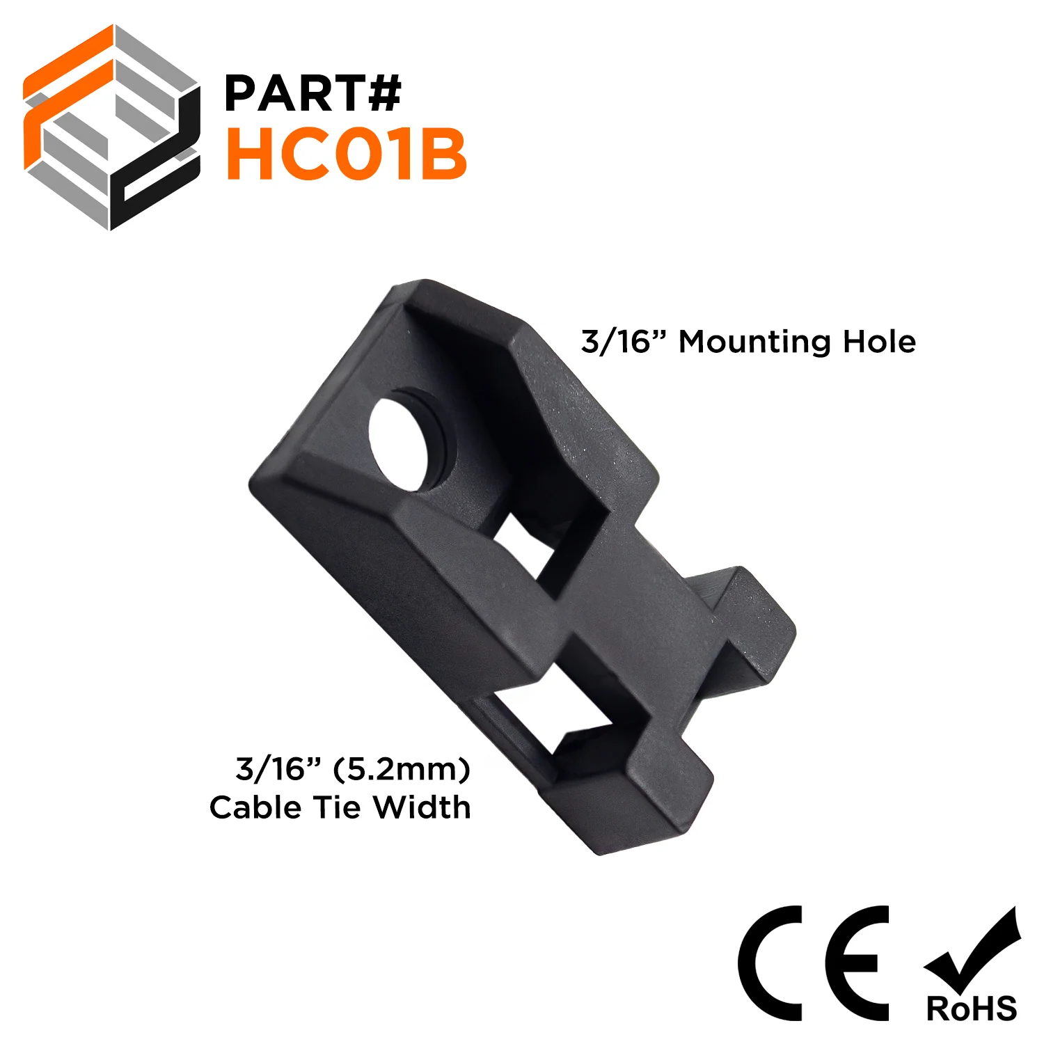 HC01B - 15/16"L x 1/2"W Nylon Saddle Tie Mounts: Tie Width: 3/16", Screw Width: 3/16", Black, 100 Pieces