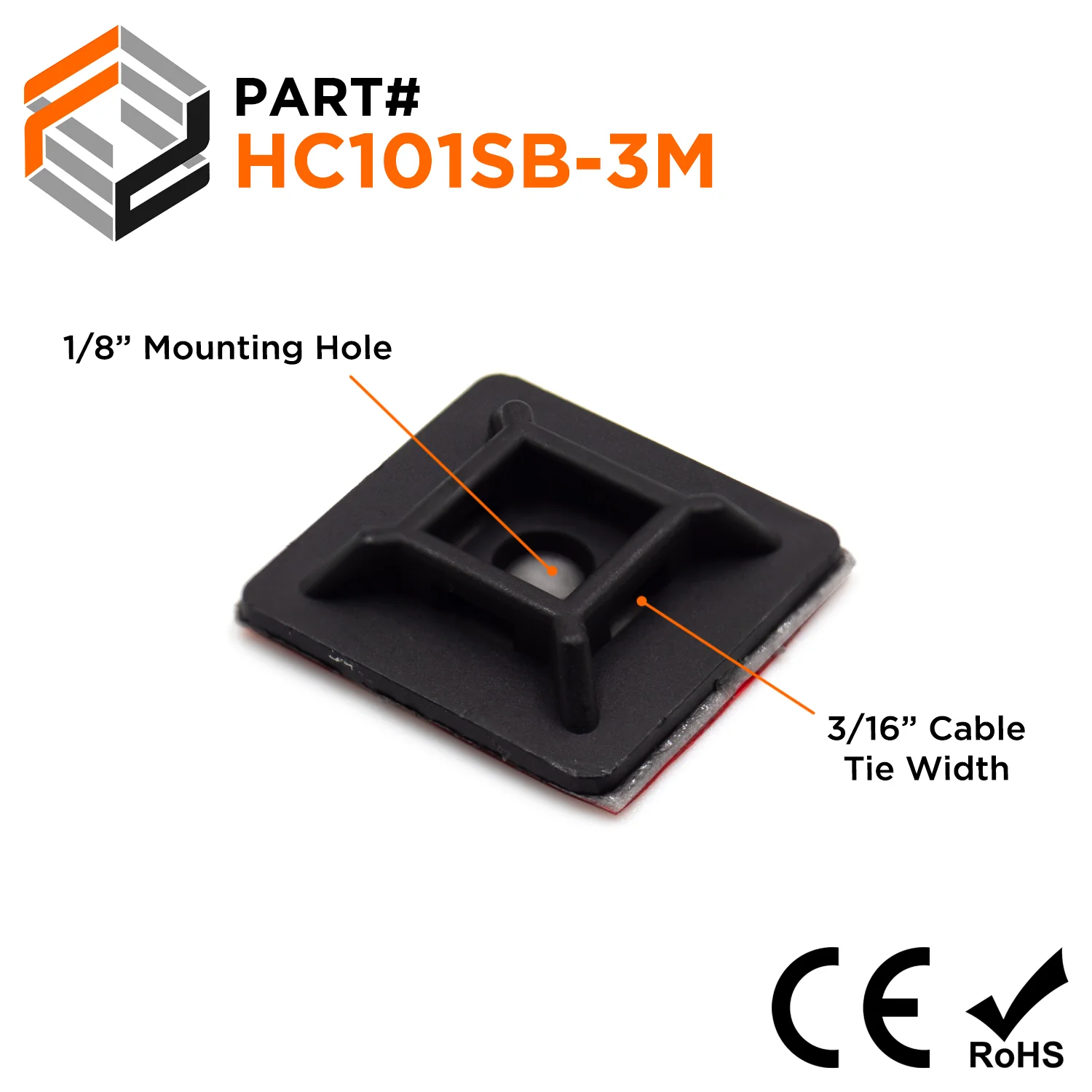 HC101SB-3M - 3/4"LxW Nylon Self-Adhesive Tie Mounts - Cable Tie Width: 3/16", Screw Width: 1/8", Black, 100 Pieces