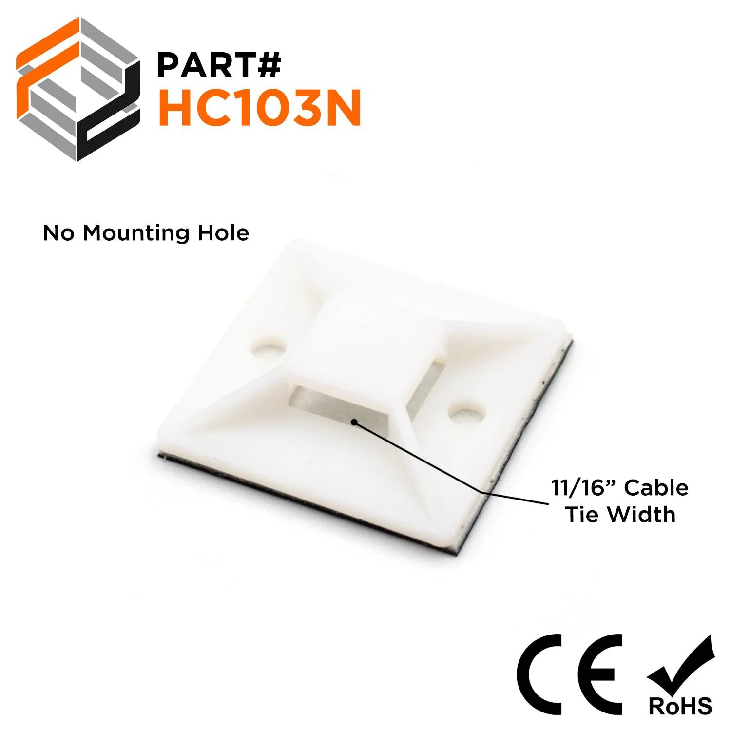 HC103N - Self-Adhesive Tie Mount - 40 x 40 x 12.5mm - Natural - With Mounting Holes