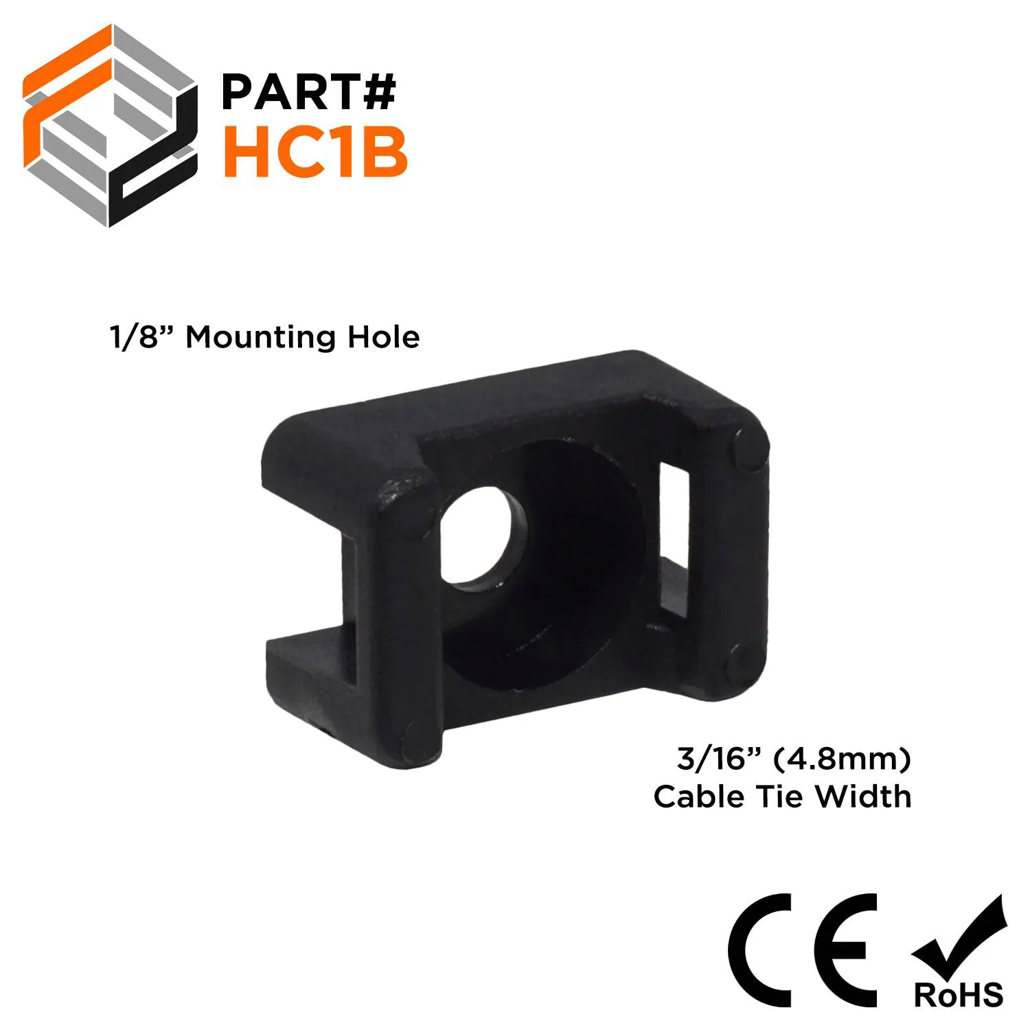 Nylon Screw-Mount Saddle Cable Tie Mounts, Cable Tie Width: 3/16", Black, 100 Pieces - HC1B