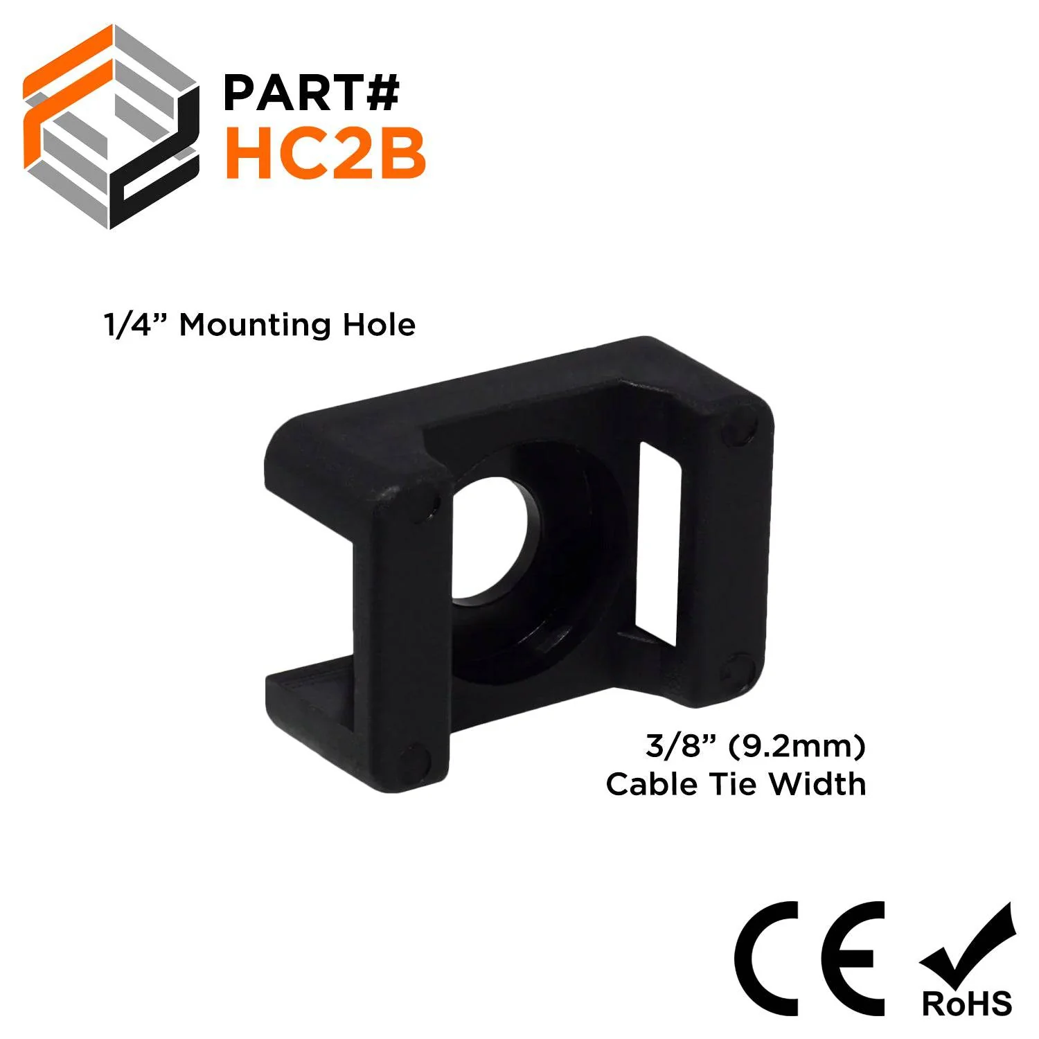 15/16"L x 5/8"W Nylon Saddle Tie Mounts - Tie Width: 3/8", Screw Width: 1/4", Black, 100 Pieces