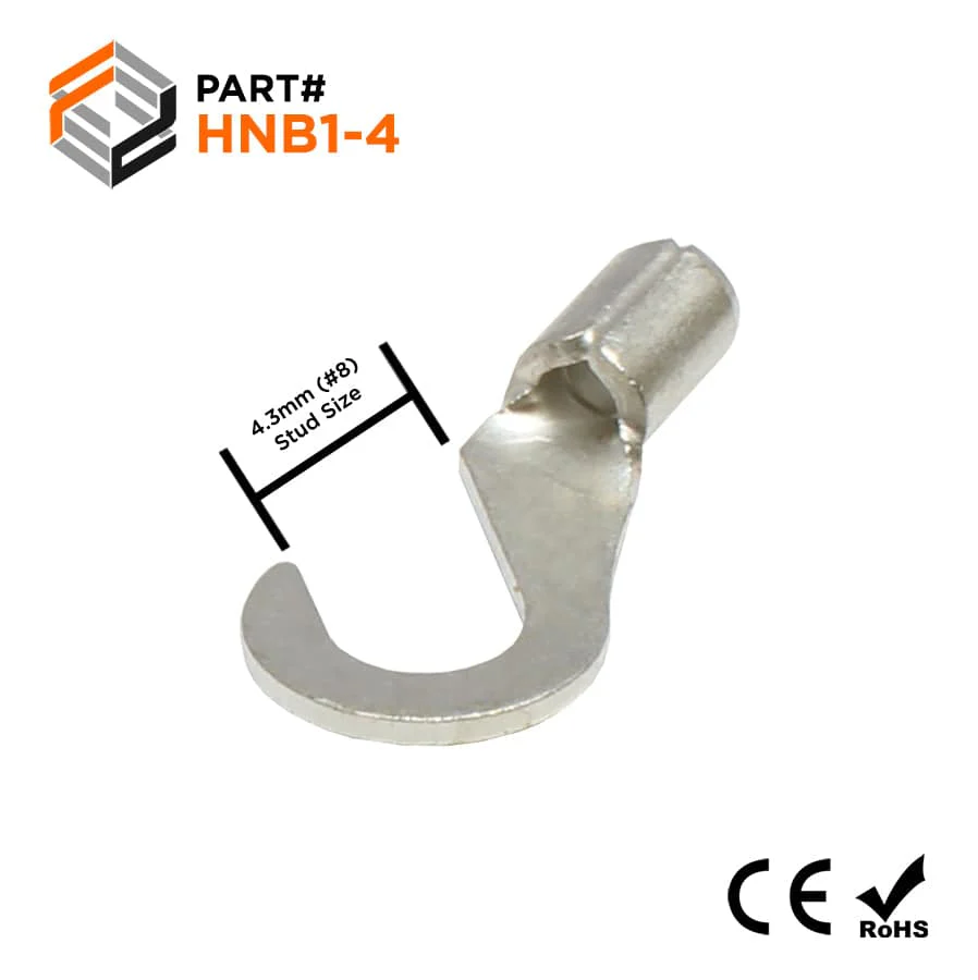 22-16 AWG Non Insulated Hook Terminals, #8 Stud, Brazed Seam, UL, - HNB1-4