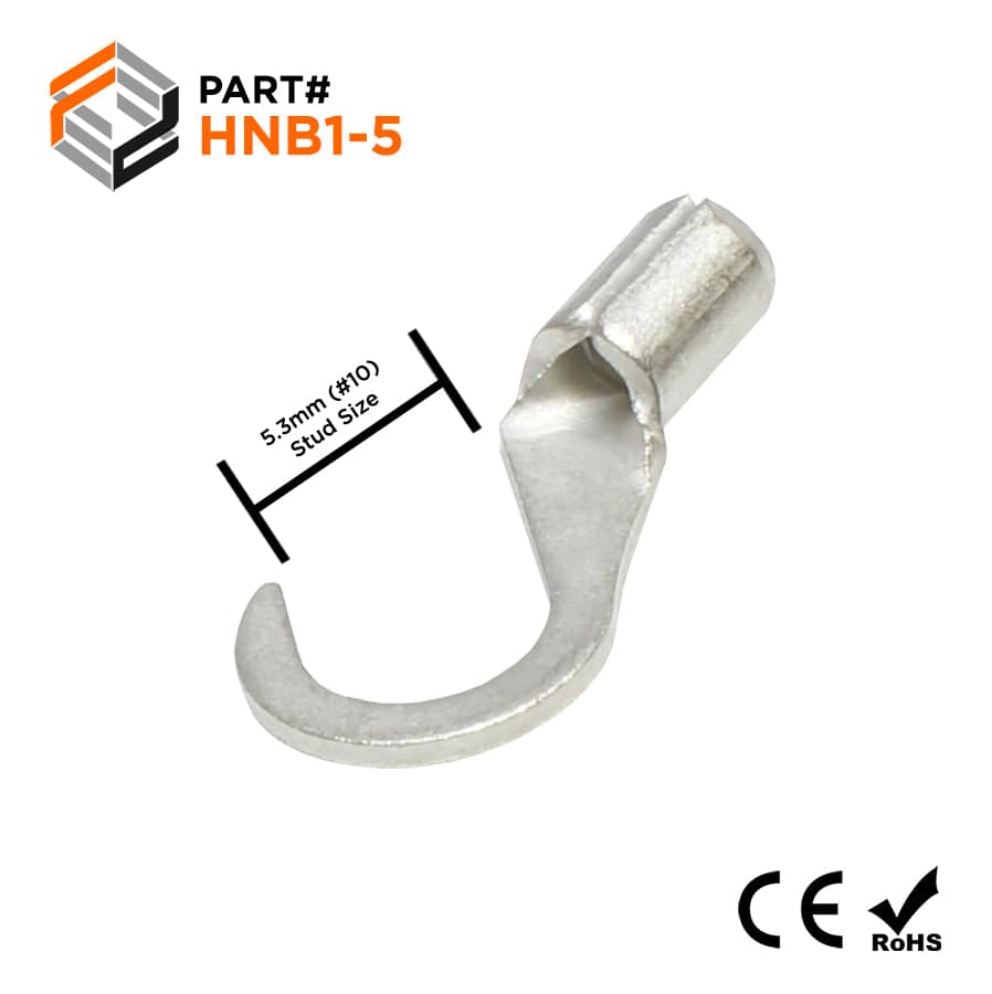 22-16 AWG Non Insulated Hook Terminals, #10 Stud, Brazed Seam, UL, - HNB1-5