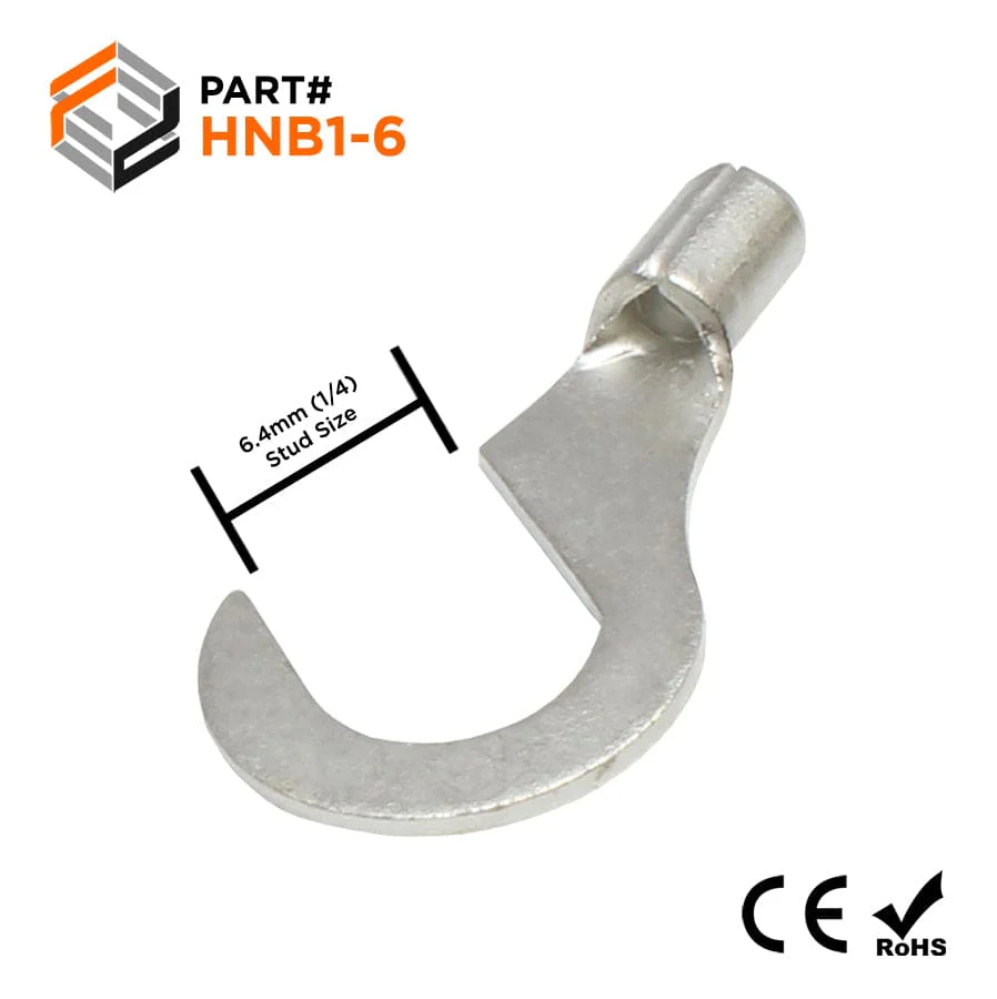 22-16 AWG Non Insulated Hook Terminals, 1/4 Stud, Brazed Seam, UL, - HNB1-6