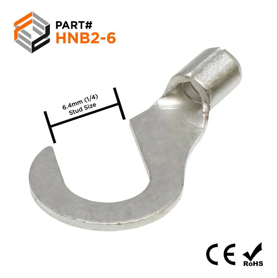 16-14 AWG Non Insulated Hook Terminals, 1/4" Stud, Brazed Seam, UL, - HNB2-6