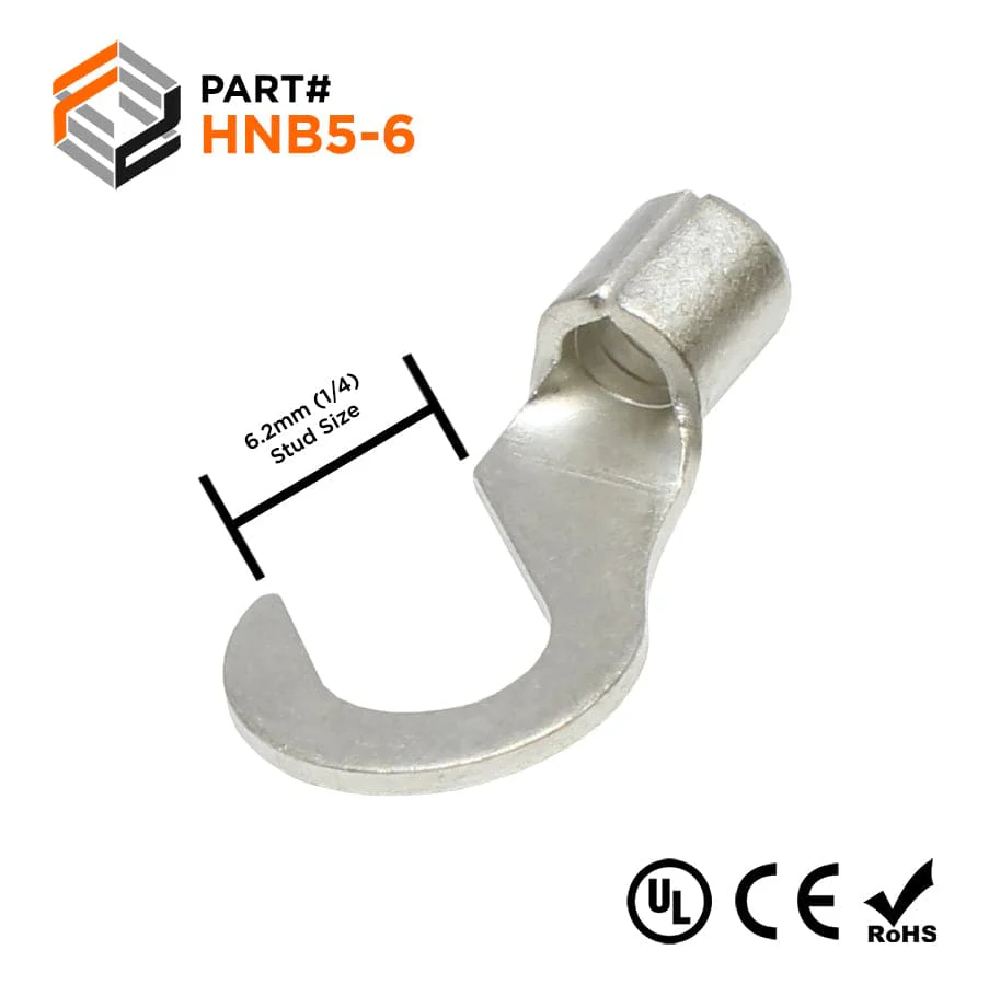 12-10 AWG Non Insulated Hook Terminals, 1/4" Stud, Brazed Seam, UL, - HNB5-6