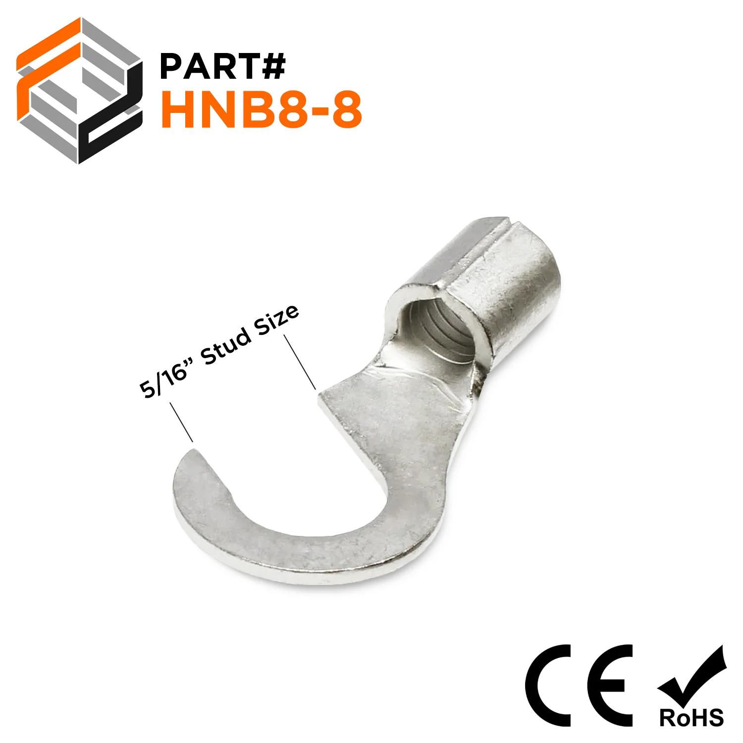 8 AWG Non Insulated Hook Terminals, 5/16" Stud, Brazed Seam, - HNB8-8