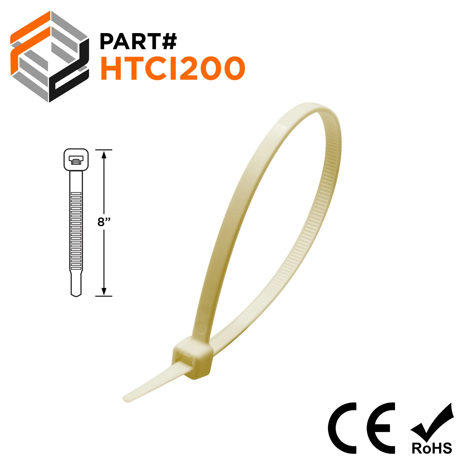 HTCI200 - 8" High Temp Intermediate Cable Ties, 40-lb Tensile Strength, 266°F, 100-Pack