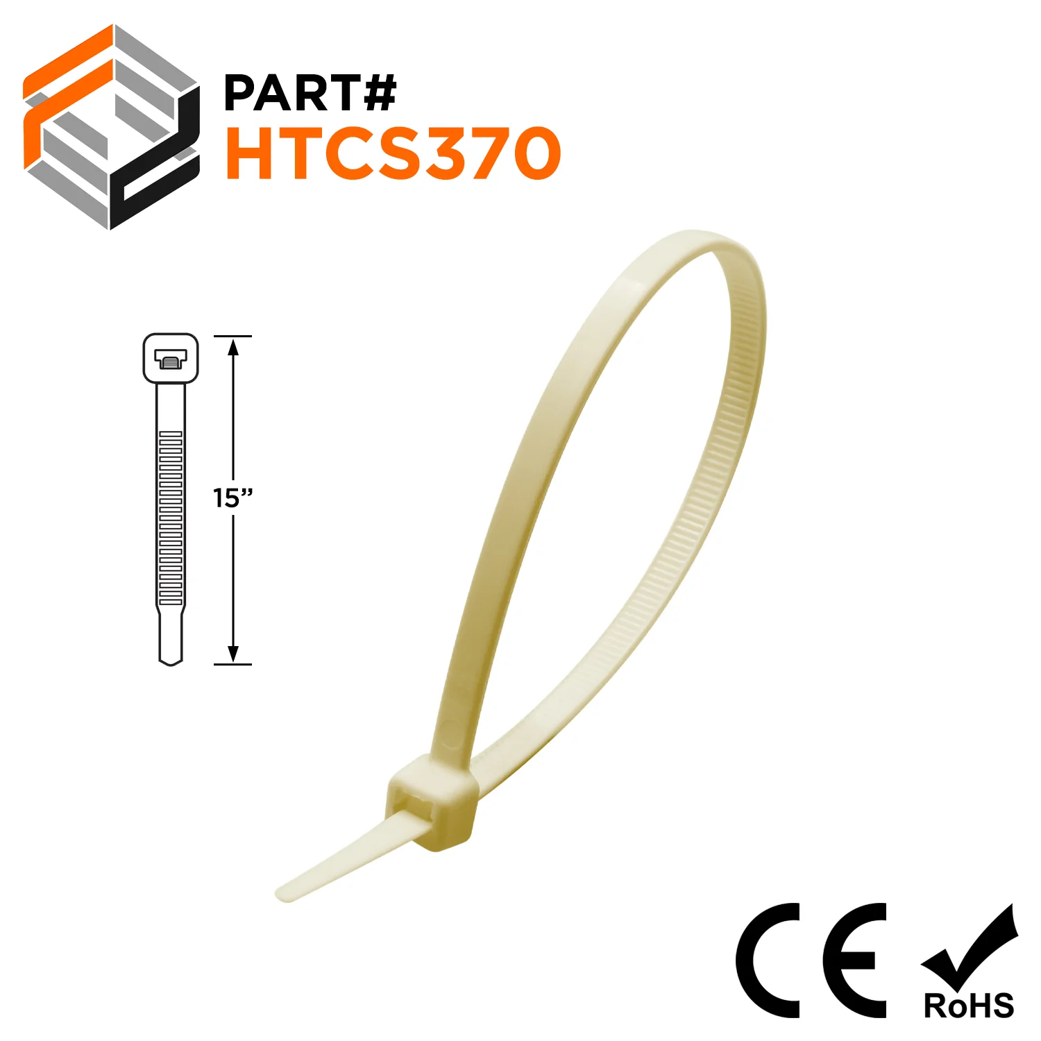 HTCS370 - 15" High Temp Standard Cable Ties, 50-lb Tensile Strength, 266°F, 100-Pack