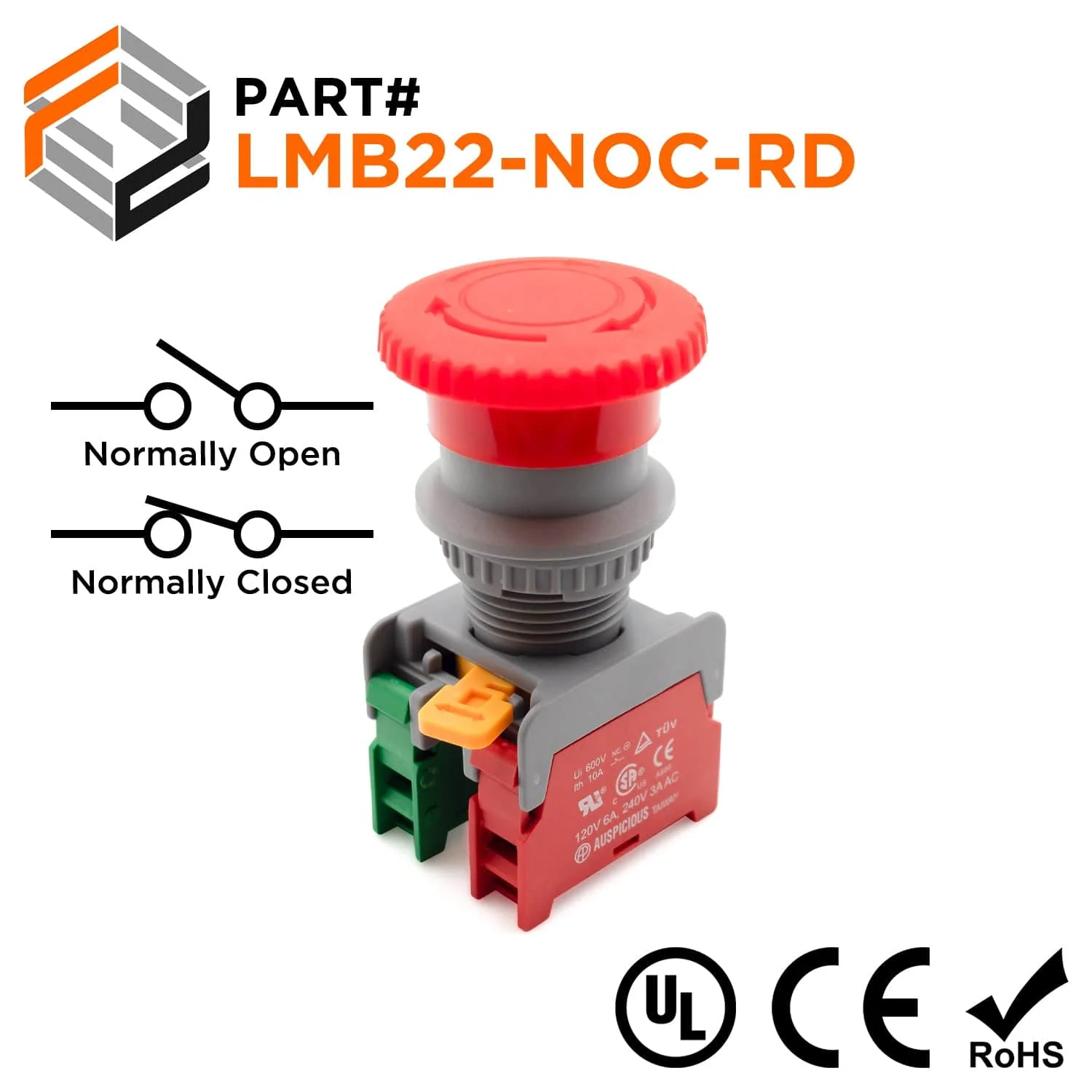 LMB22-NOC-RD - 22mm Rotary Switch Push Button, NO & NC Contacts, 110-240v, 1 Piece