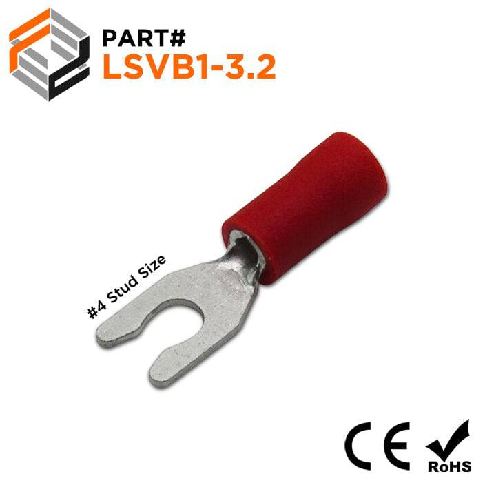 LSVB1-3.2 - 22 to 16 AWG Vinyl PVC Locking Spade Terminals, #4 Stud, Brazed Seam, 100 Pieces