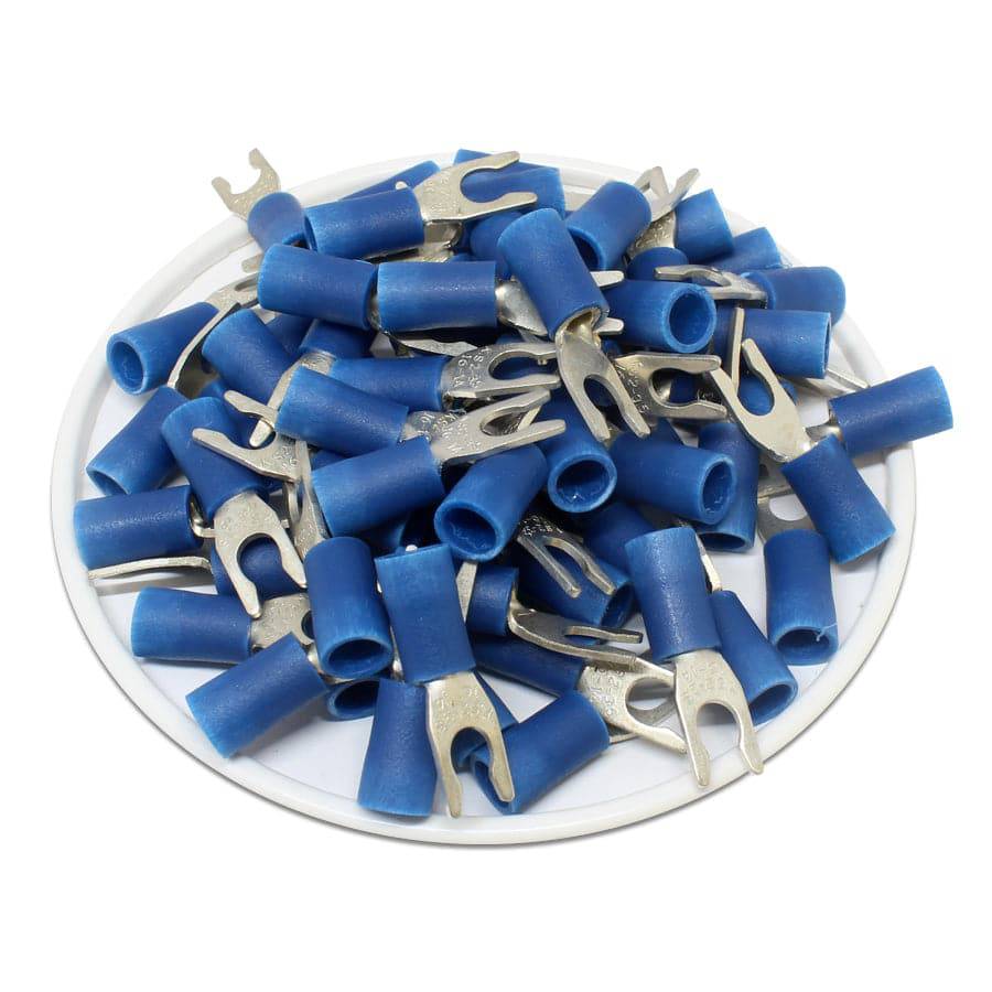 16 to 14 AWG Vinyl PVC Locking Spade Terminals, #6 Stud, Brazed Seam, 100 Pieces - LSVB2-37