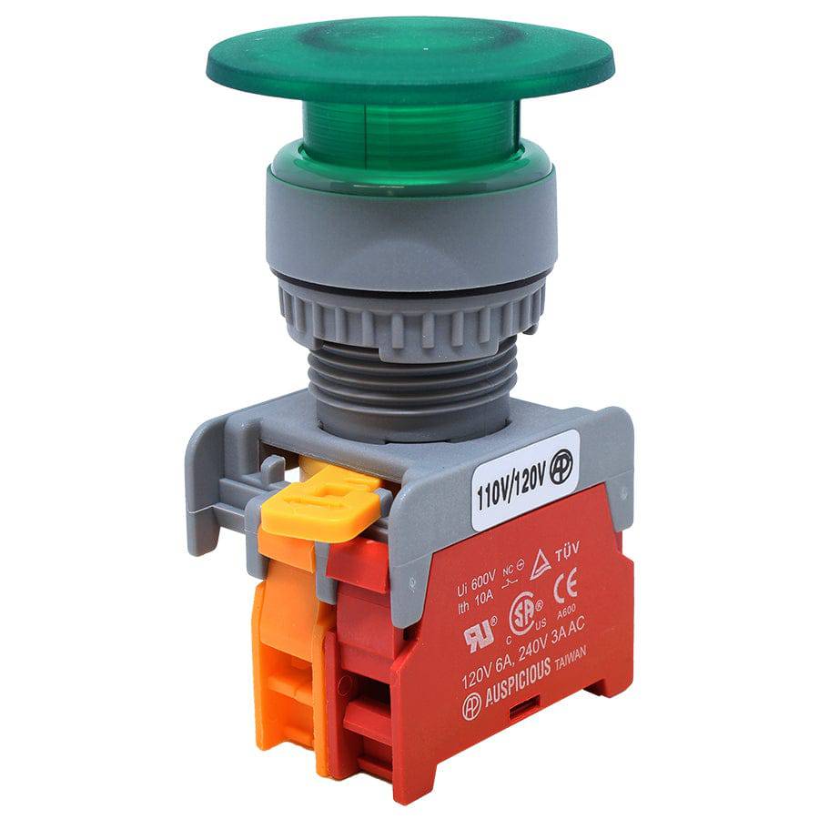 LXE22-1/C-GN - 22mm Illuminated Mushroom Head Push Button - 110V - Green