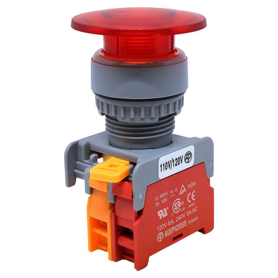 LXE22-1/C-RD - 22mm Illuminated Mushroom Head Push Button - 110V - Red