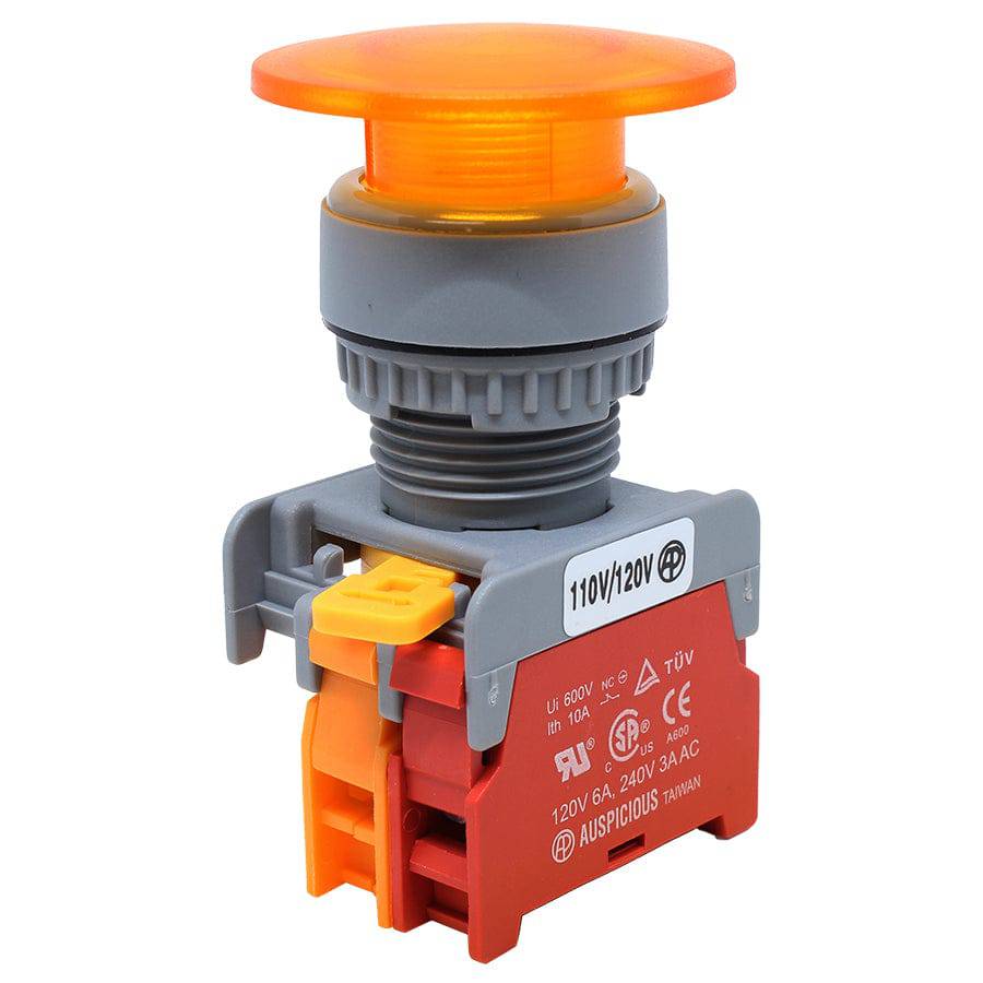 LXE22-1/C-YL - 22mm Illuminated Mushroom Head Push Button - 110V - Yellow