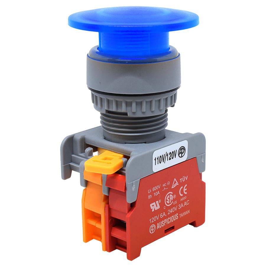 LXE22-7/C-BL - 22mm Illuminated Mushroom Head Push Button - 24V - Blue
