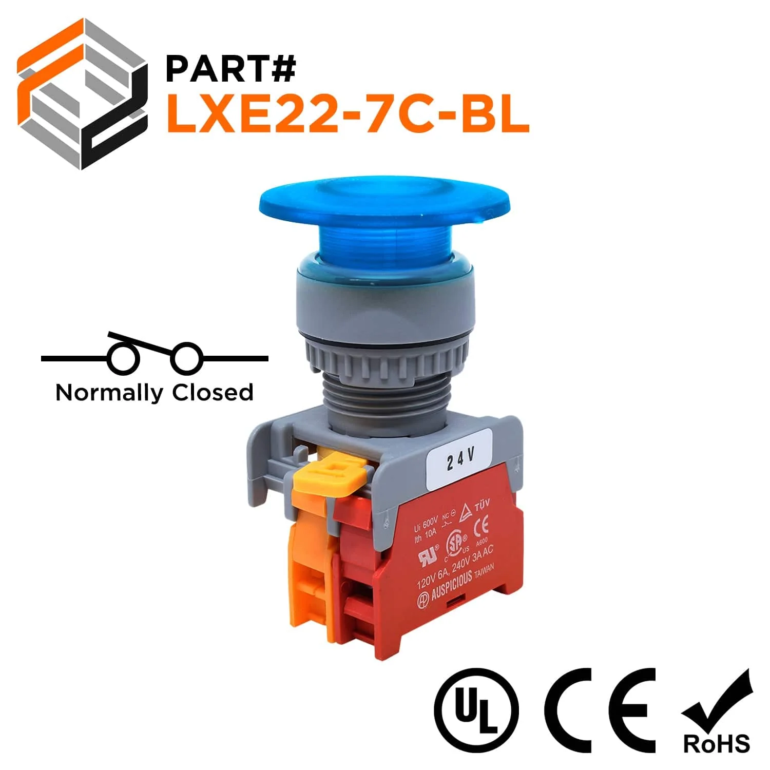 LXE22-7/C-BL - 22mm Illuminated Mushroom Head Push Button - 24V - Blue, 1 Piece