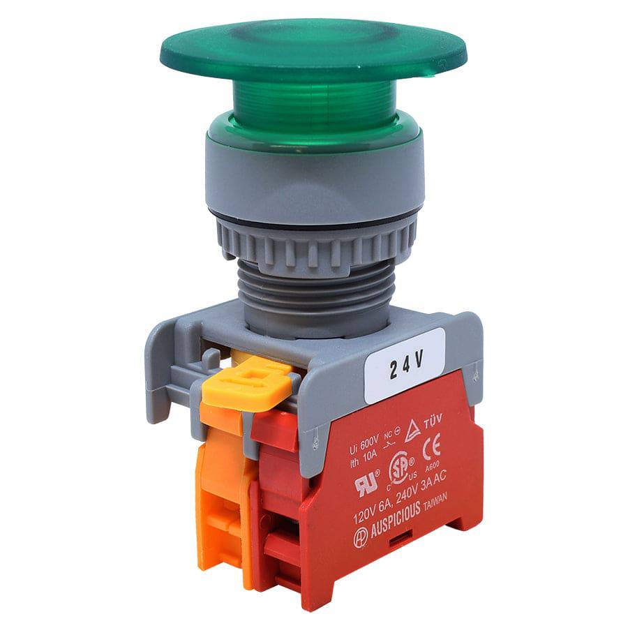LXE22-7/C-GN - 22mm Illuminated Mushroom Head Push Button - 24V - Green