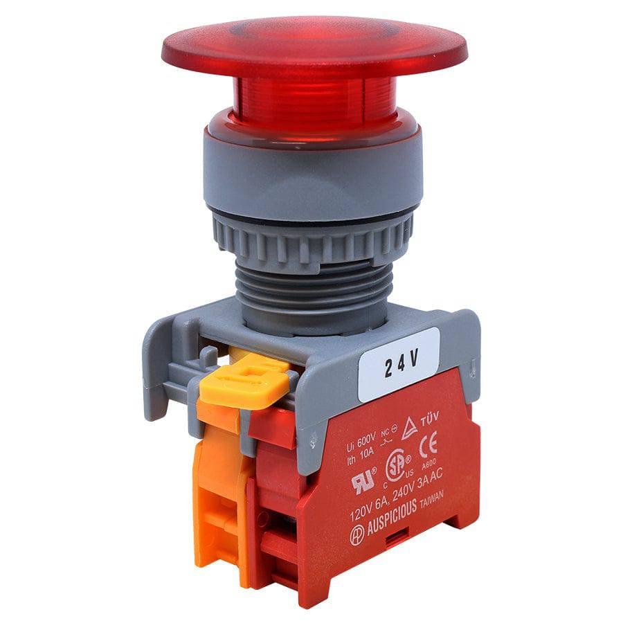 LXE22-7/C-RD - 22mm Illuminated Mushroom Head Push Button - 24V - Red
