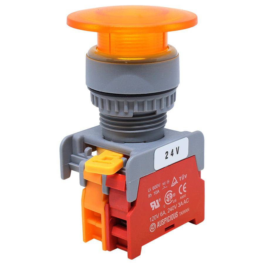 LXE22-7/C-YL - 22mm Illuminated Mushroom Head Push Button - 24V - Yellow