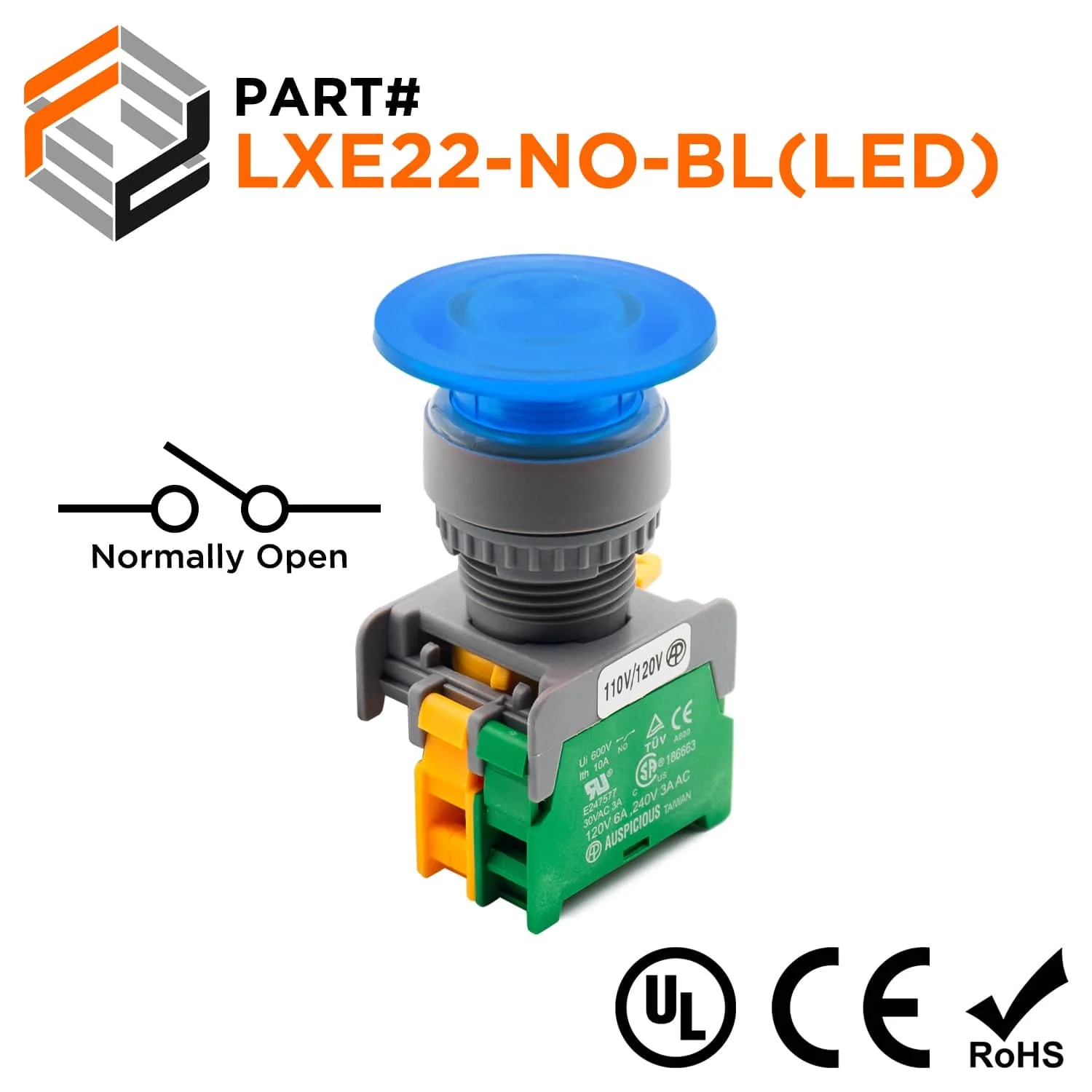 LXE22-NO-BL(LED) - 40mm Blue Illuminated Mushroom Head Push Button, LED, (NO), 1 Piece