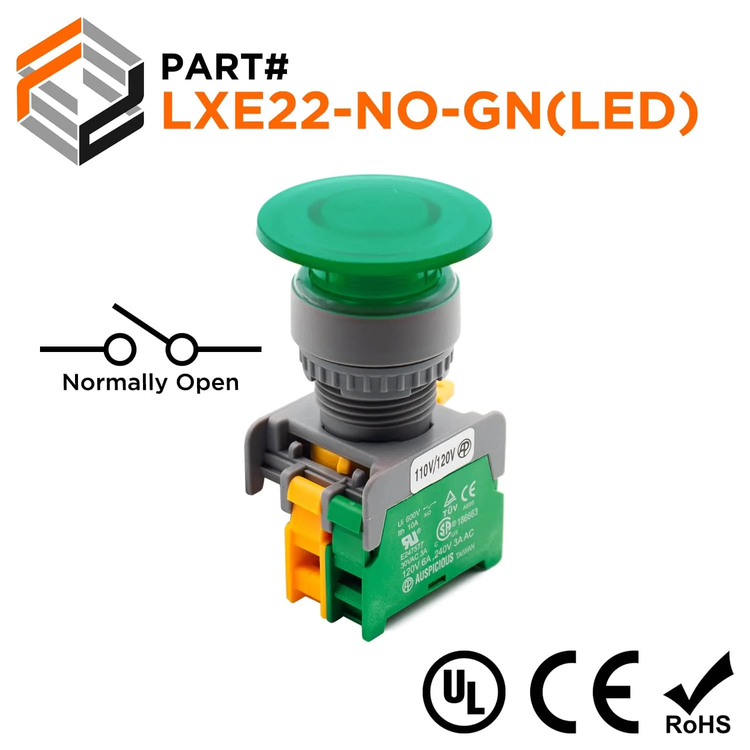 LXE22-NO-G(LED) - 40mm Green Illuminated Mushroom Head Push Button, LED, (NO), 1 Piece