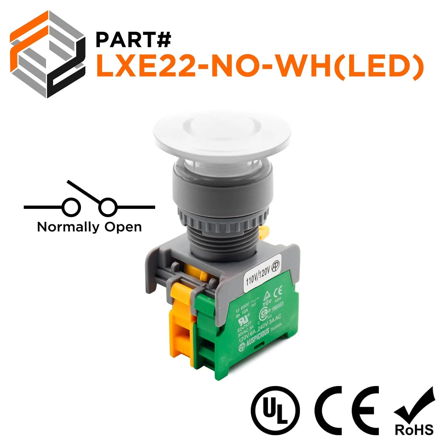 LXE22-NO-WH(LED) 40mm Illuminated Mushroom Head Push Button, LED, (NO), White, 1 Piece