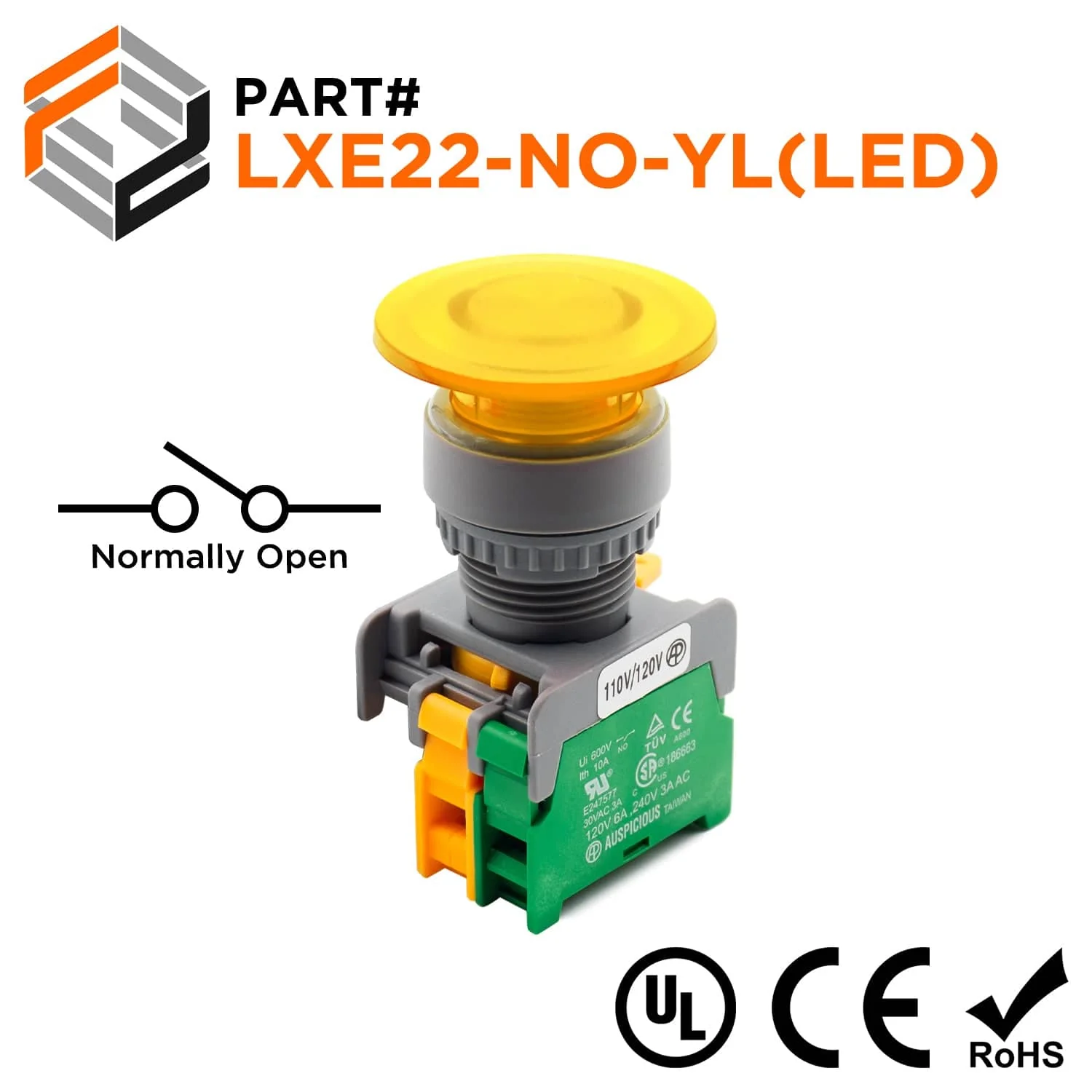 LXE22-NO-YL(LED) - 22mm Illuminated Mushroom Head Push Button, LED,(NO), Yellow, 1 Piece