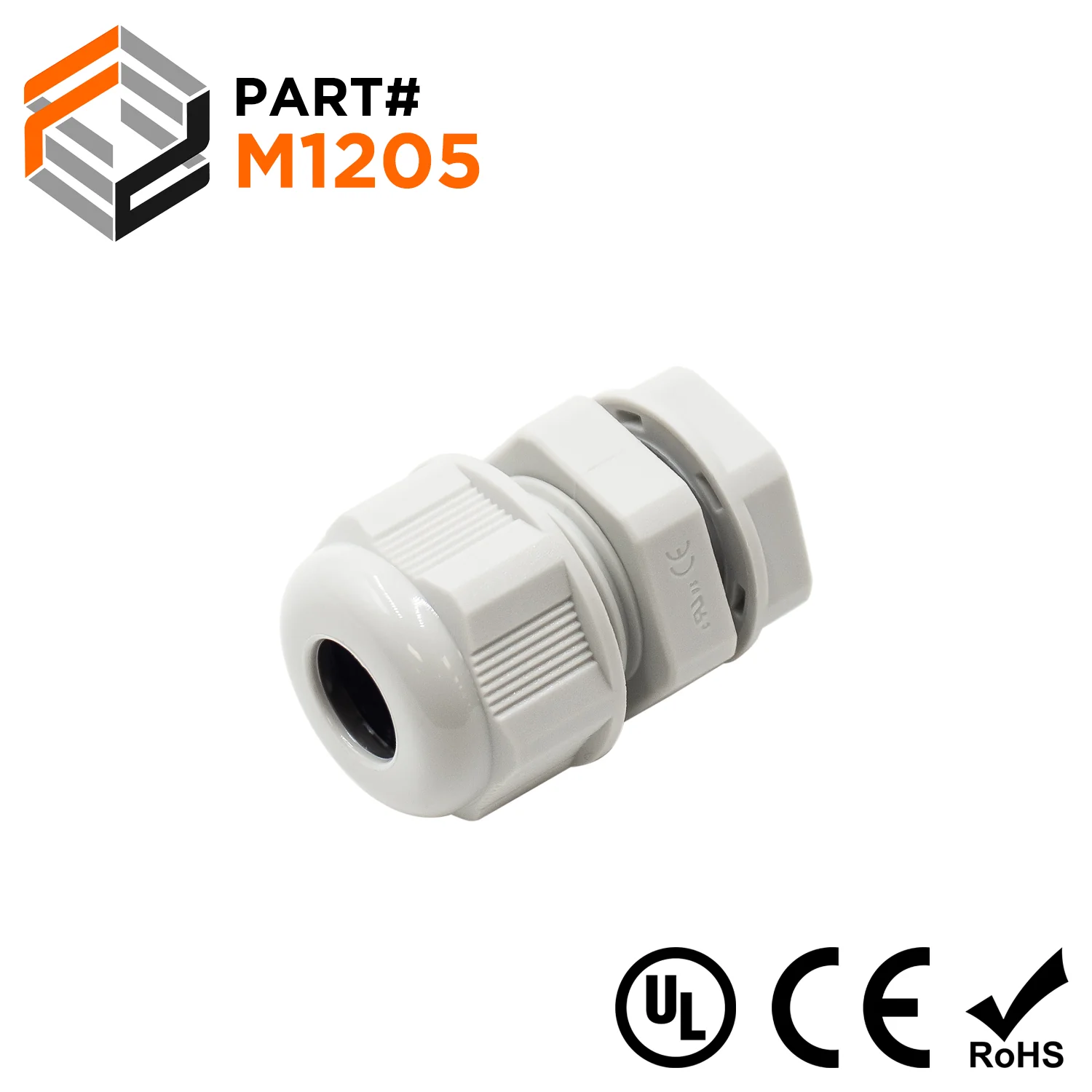 M1205GY - M12 x 1.5mm Metric Thread Nylon Cable Gland, Gray, Range: 1/16" to 3/16", UL Listed, IP68, IP69K - 1 Piece