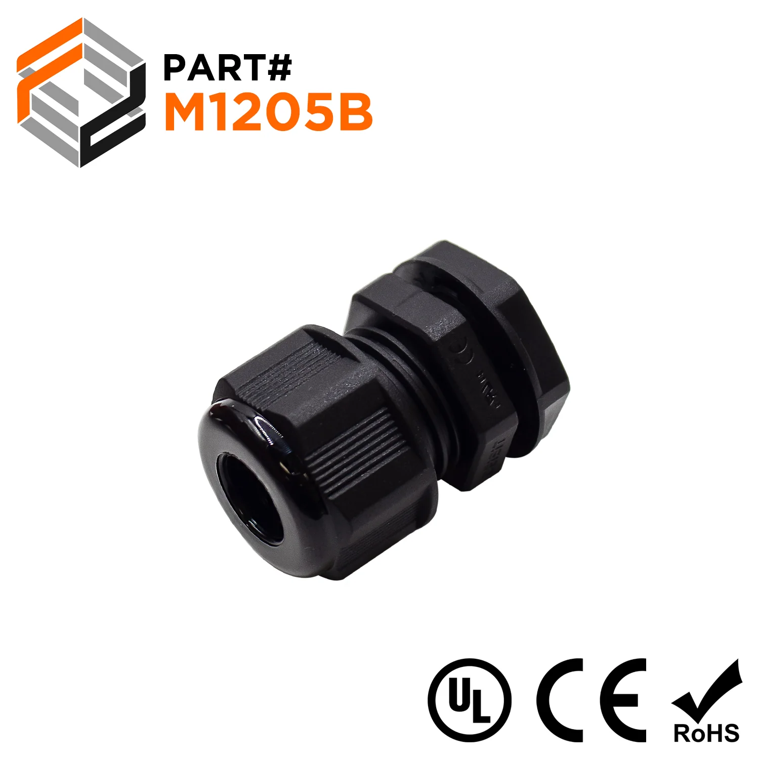 M1205B - M12 x 1.5mm Metric Thread Nylon Cable Gland, Black, Range: 1/16" to 3/16", UL Listed, IP68, IP69K - 1 Piece