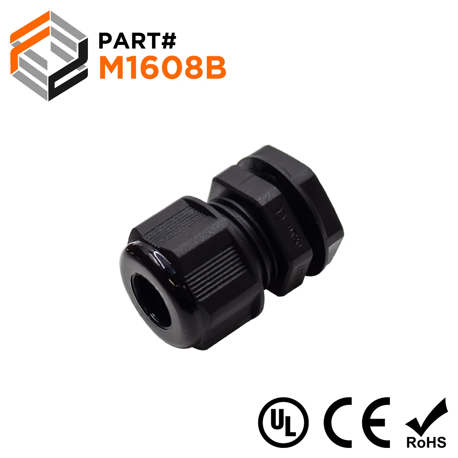 M1608B - M16 x 1.5mm Metric Thread Nylon Cable Gland, Black, Range: 3/16" to 5/16", UL Listed, IP68, IP69K - 1 Piece