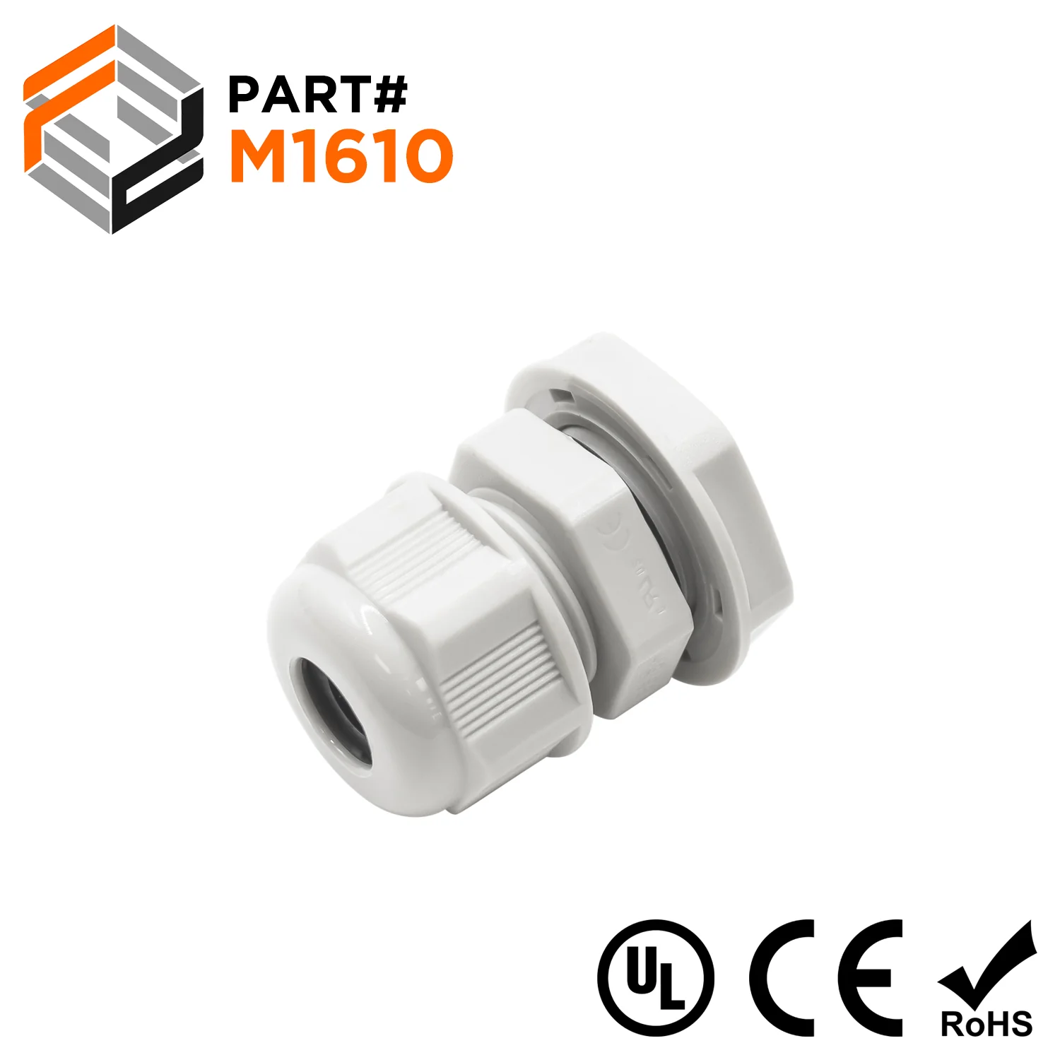 M1610GY - M16 x 1.5mm Metric Thread Nylon Cable Gland, Gray, Range: 3/16" to 3/8", UL Listed, IP68, IP69K - 1 Piece