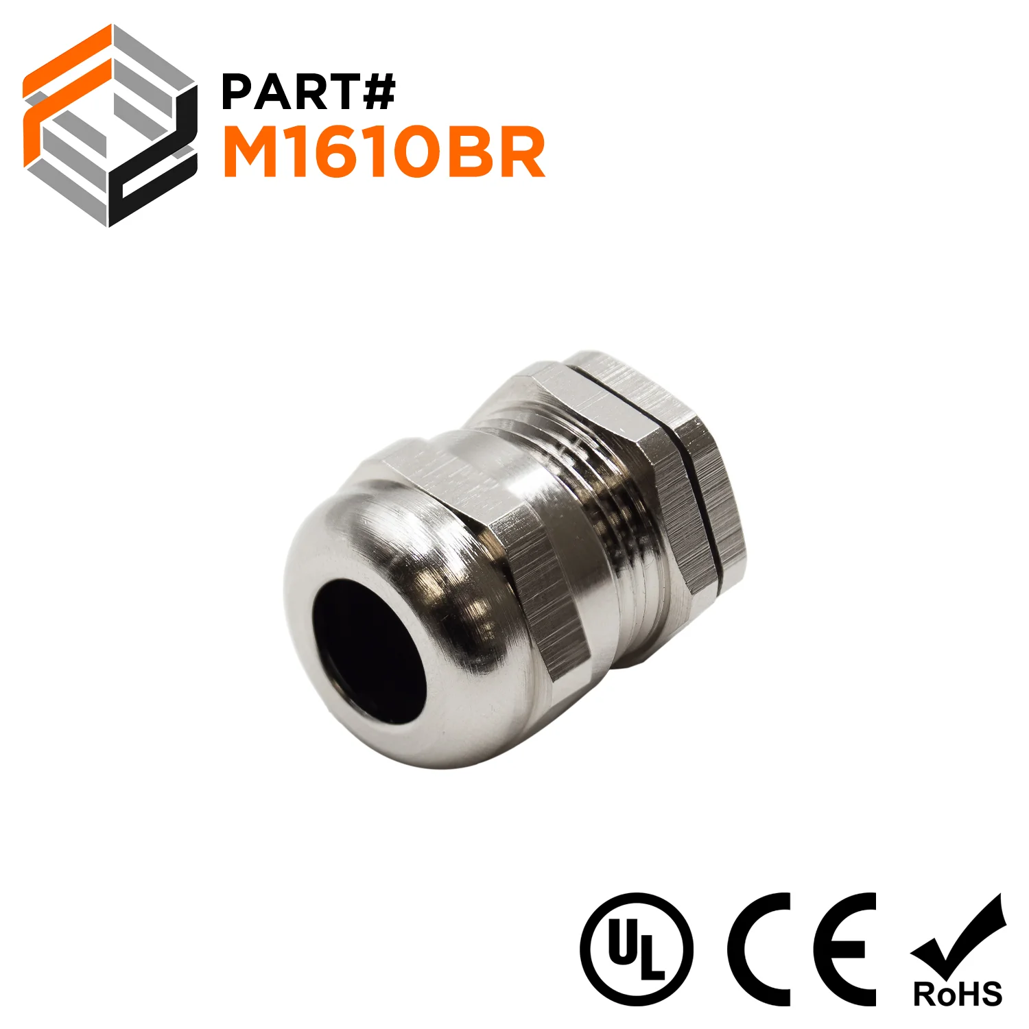 M1610BR - M16 x 1.5mm Metric Thread Plated Brass Cable Gland, Range: 3/16" to 3/8", UL Listed, IP68, IP69K - 1 Piece