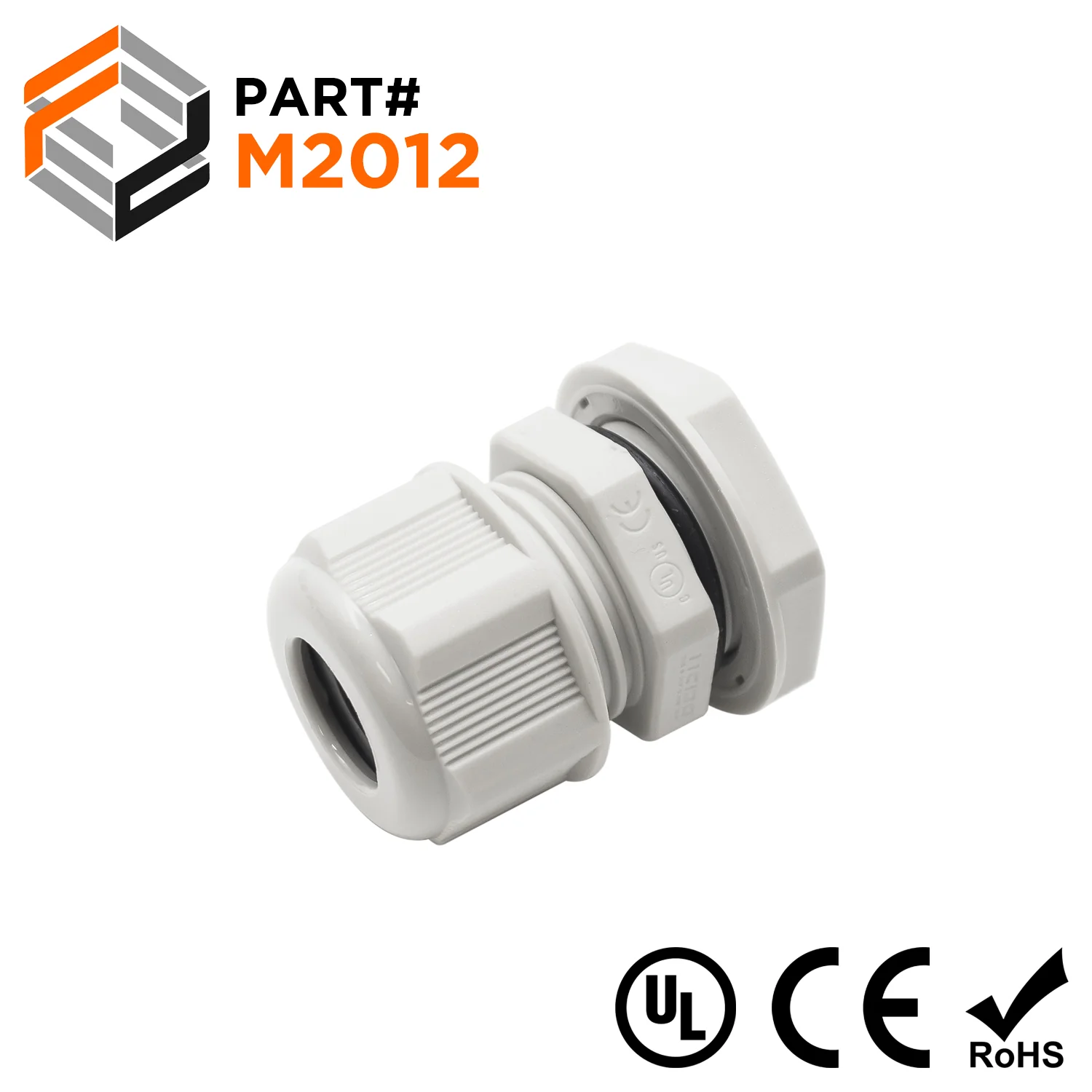 M2012GY - M20 x 1.5mm Metric Thread Nylon Cable Gland, Gray, Range: 1/4" to 1/2", UL Listed, IP68, IP69K - 1 Piece