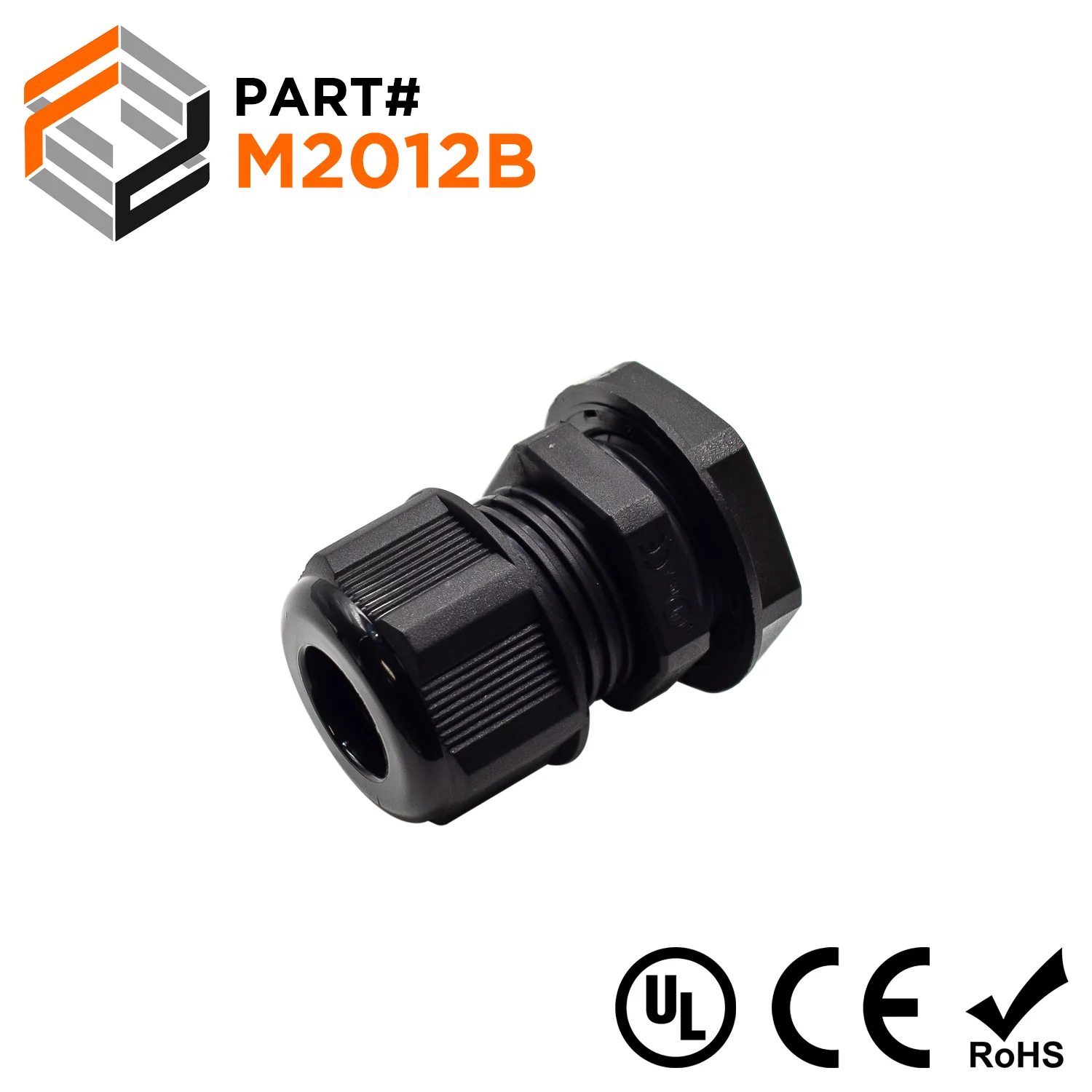 M2012B - M20 x 1.5mm Metric Thread Nylon Cable Gland, Black, Range: 1/4" to 1/2", UL Listed, IP68, IP69K - 1 Piece