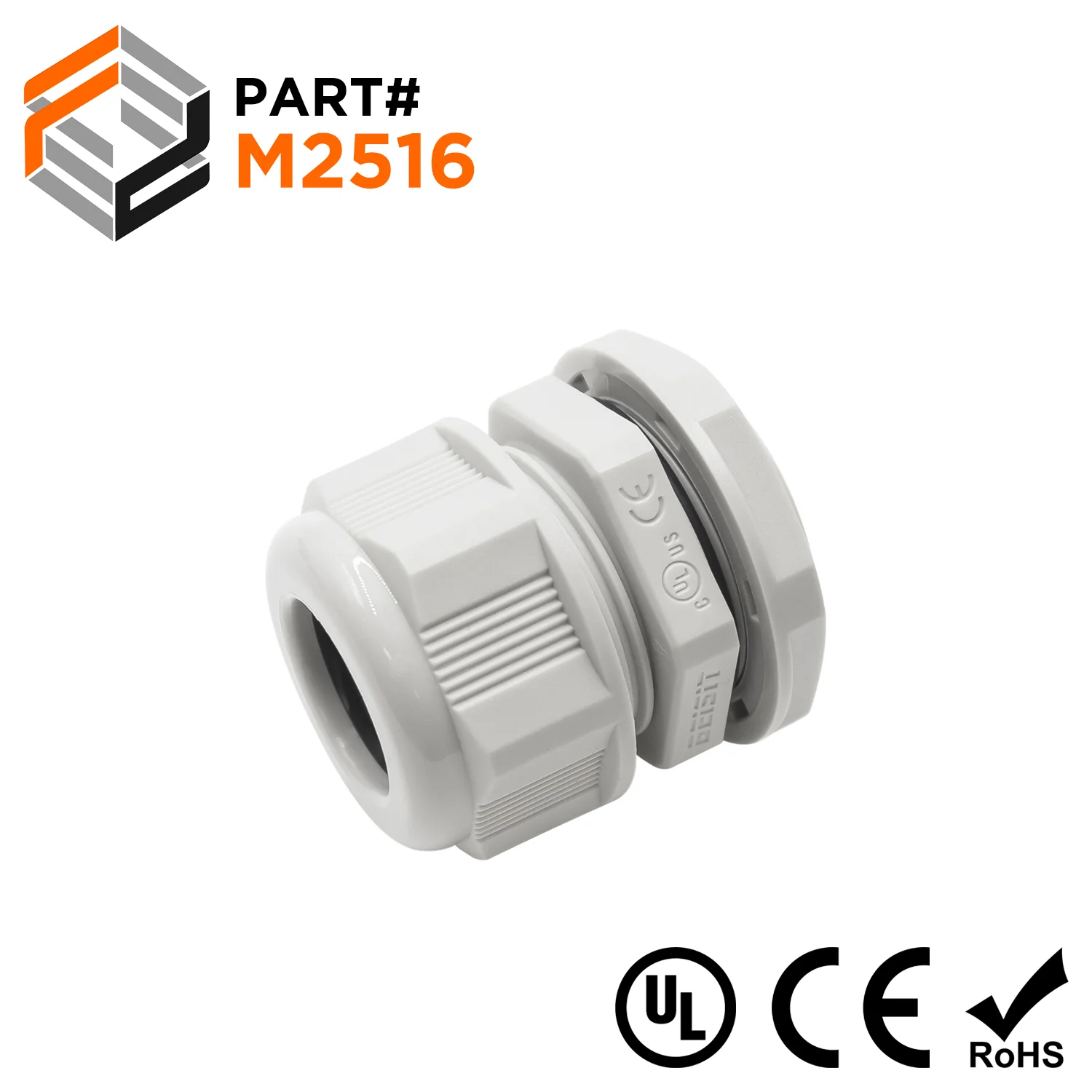 M2516GY - M25 x 1.5mm Metric Thread Nylon Cable Gland, Gray, Range: 3/8" to 5/8", UL Listed, IP68, IP69K - 1 Piece