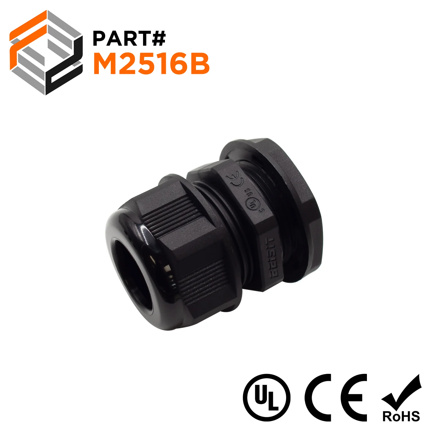 M2516B - M25 x 1.5mm Metric Thread Nylon Cable Gland, Black, Range: 3/8" to 5/8", UL Listed, IP68, IP69K - 1 Piece