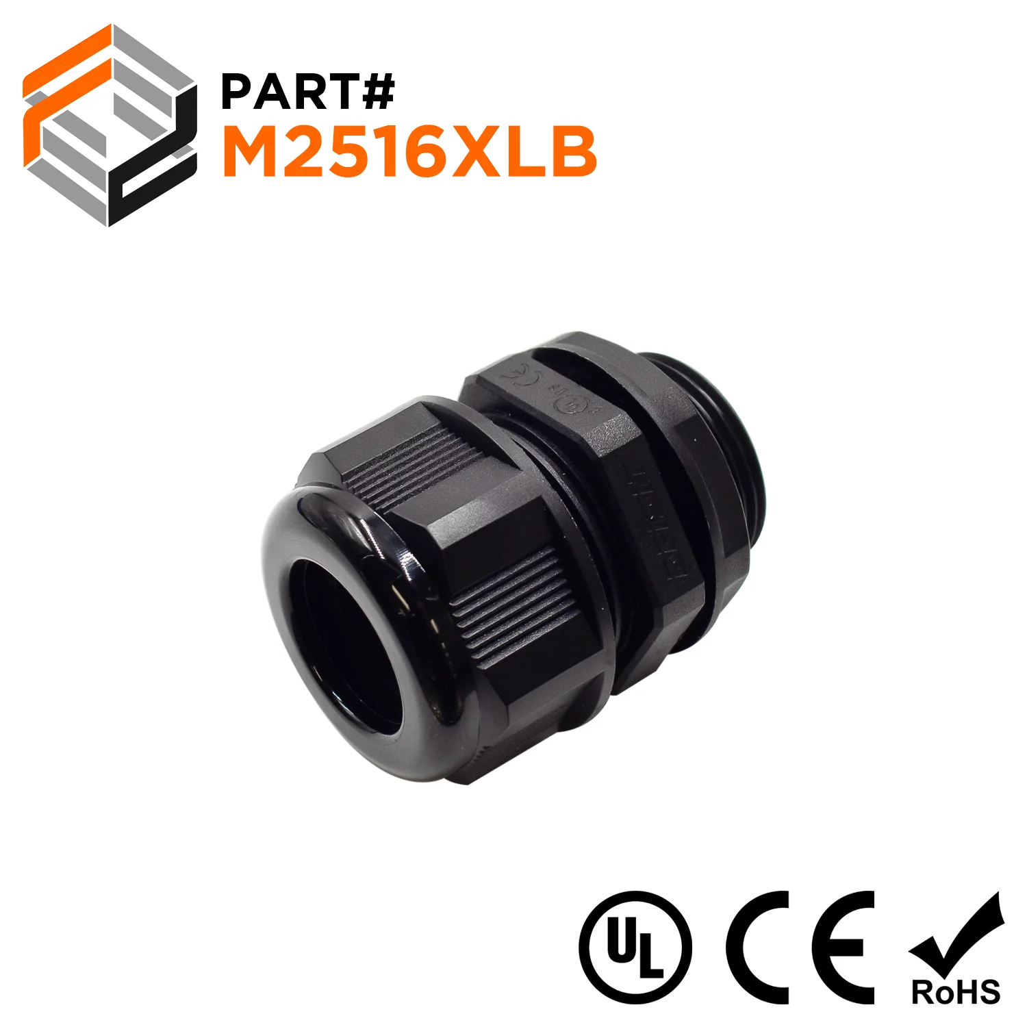 M2516XLB - M25 x 1.5mm Metric Thread Nylon Cable Gland, Black, Range: 3/8" to 5/8", XL Length, UL Listed, IP68, IP69K - 1 Piece