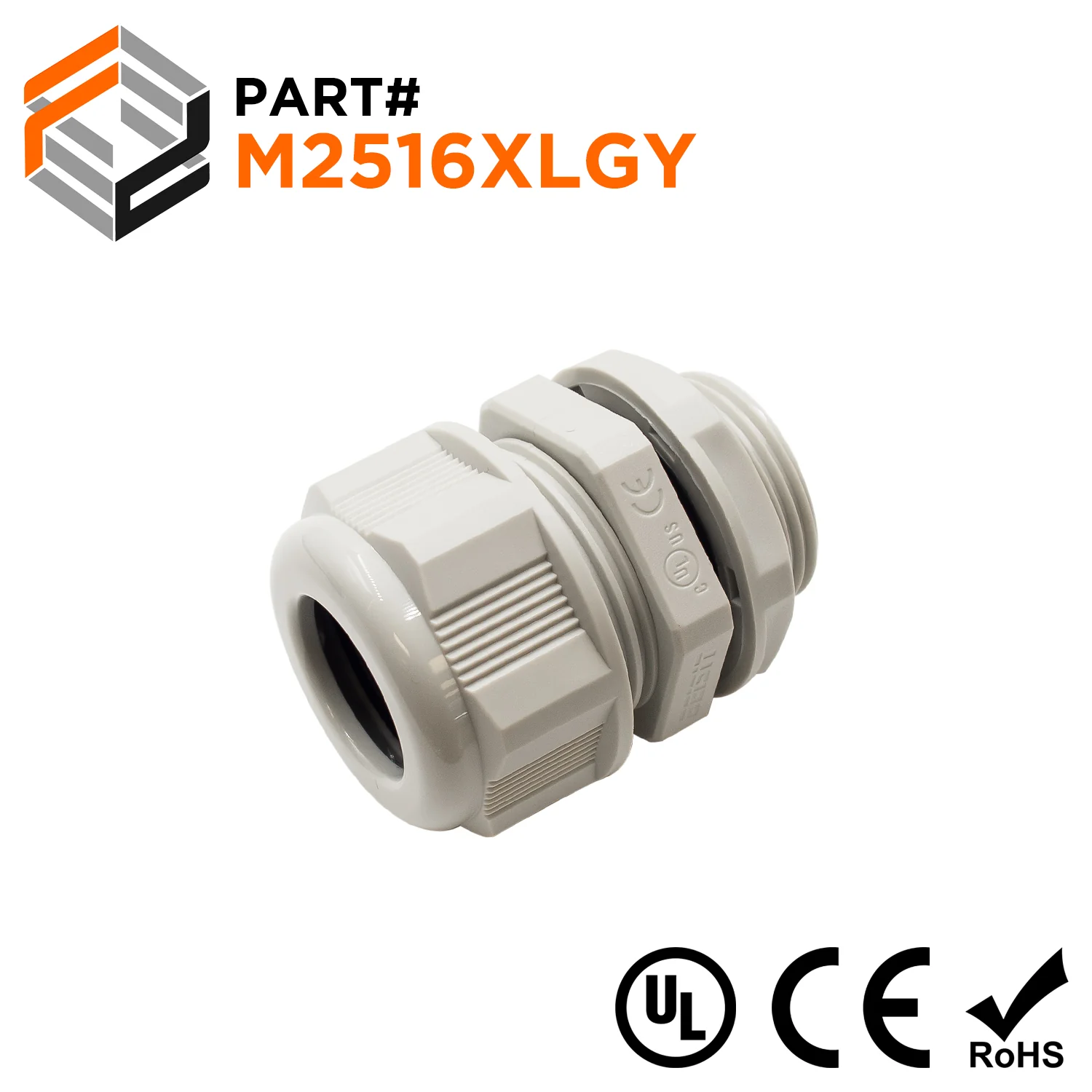 M2516XLGY - M25 x 1.5mm Metric Thread Nylon Cable Gland, Gray, Range: 3/8" to 5/8", XL Length, UL Listed, IP68, IP69K - 1 Piece