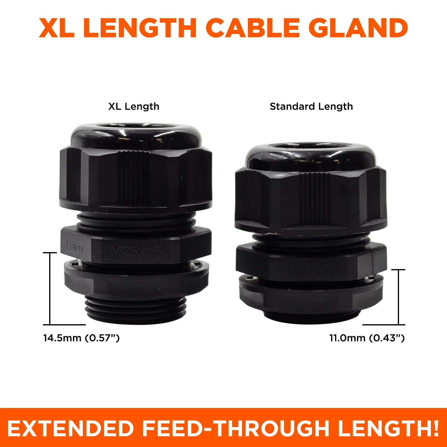 M2516XLB - M25 x 1.5mm Metric Thread Nylon Cable Gland, Black, Range: 3/8" to 5/8", XL Length, UL Listed, IP68, IP69K - 1 Piece - Image 3