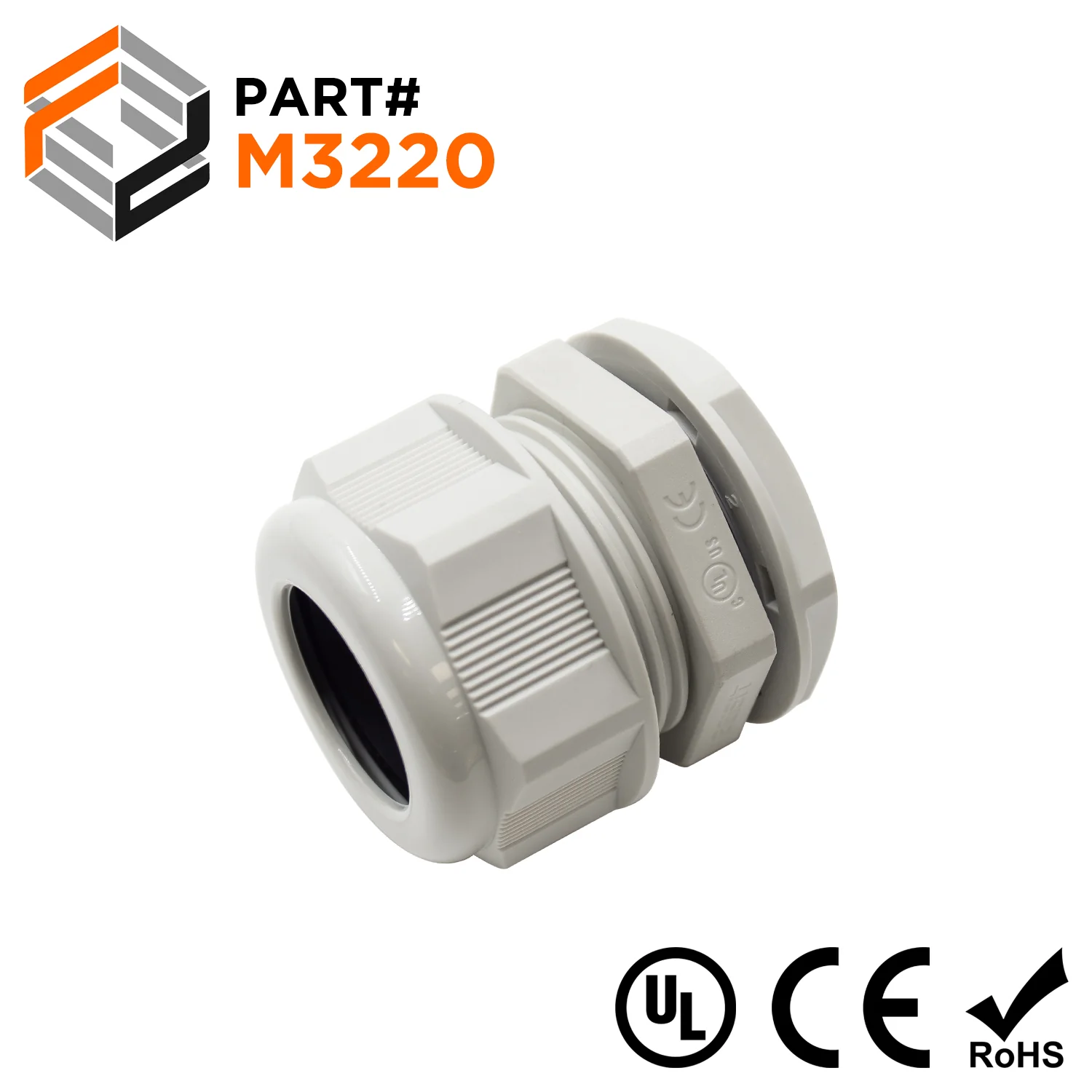 M3220GY - M32 x 1.5mm Metric Thread Nylon Cable Gland, Gray, Range: 1/2" to 13/16", UL Listed, IP68, IP69K - 1 Piece
