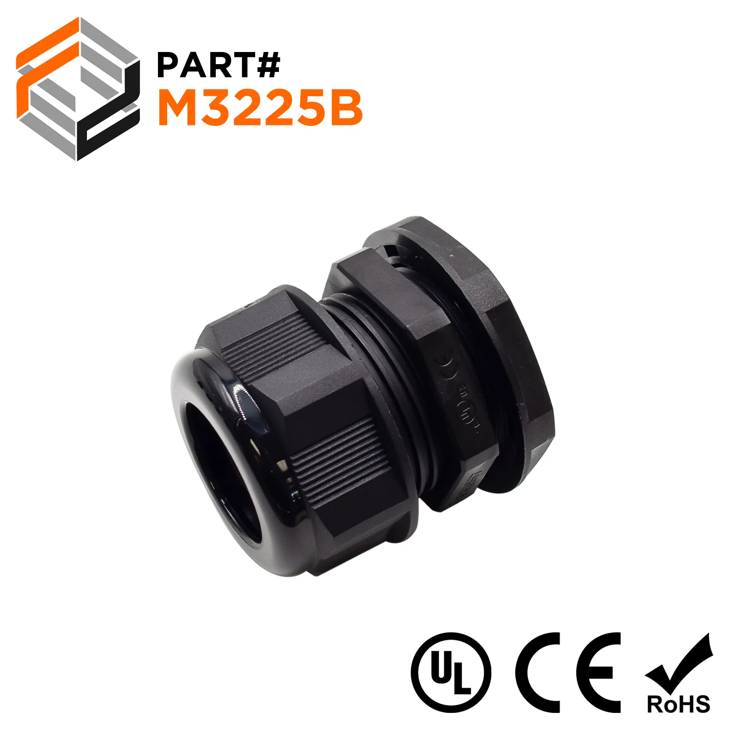 M3225B - M32 x 1.5mm Metric Thread Nylon Cable Gland, Black, Range: 11/16" to 1", UL Listed, IP68, IP69K - 1 Piece