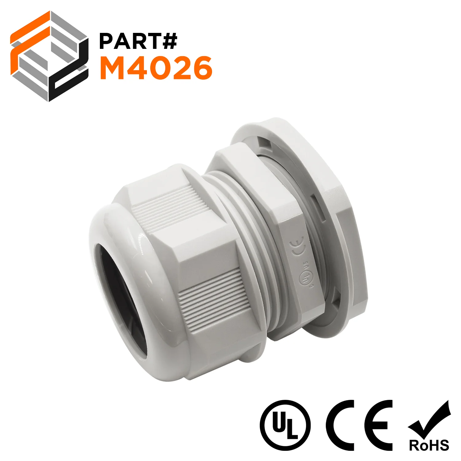 M4026GY - M40 x 1.5mm Metric Thread Nylon Cable Gland, Gray, Range: 13/16" to 1", UL Listed, IP68, IP69K - 1 Piece