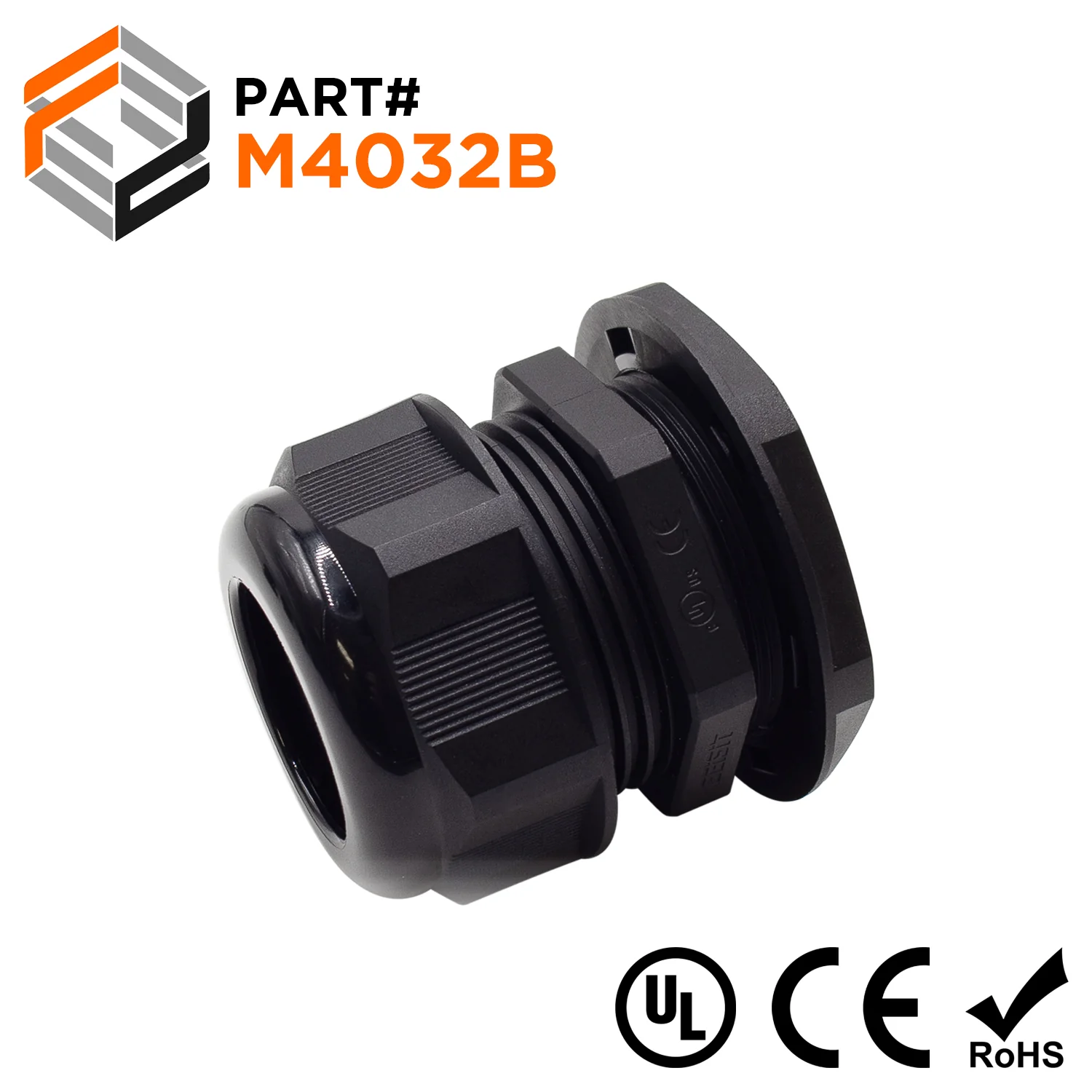 M4032B - M40 x 1.5mm Metric Thread Nylon Cable Gland, Black, Range: 7/8" to 1-1/4", UL Listed, IP68, IP69K - 1 Piece