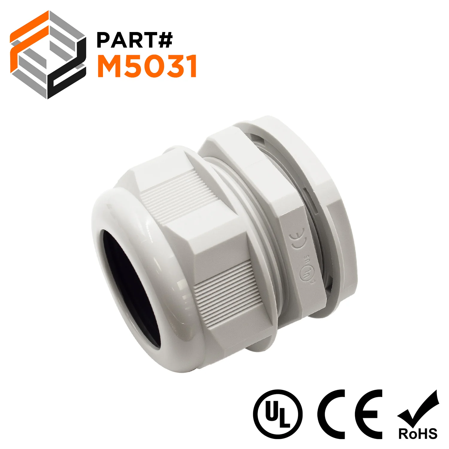 M5031GY - M50 x 1.5mm Metric Thread Nylon Cable Gland, Gray, Range: 1" to 1-1/4", UL Listed, IP68, IP69K - 1 Piece