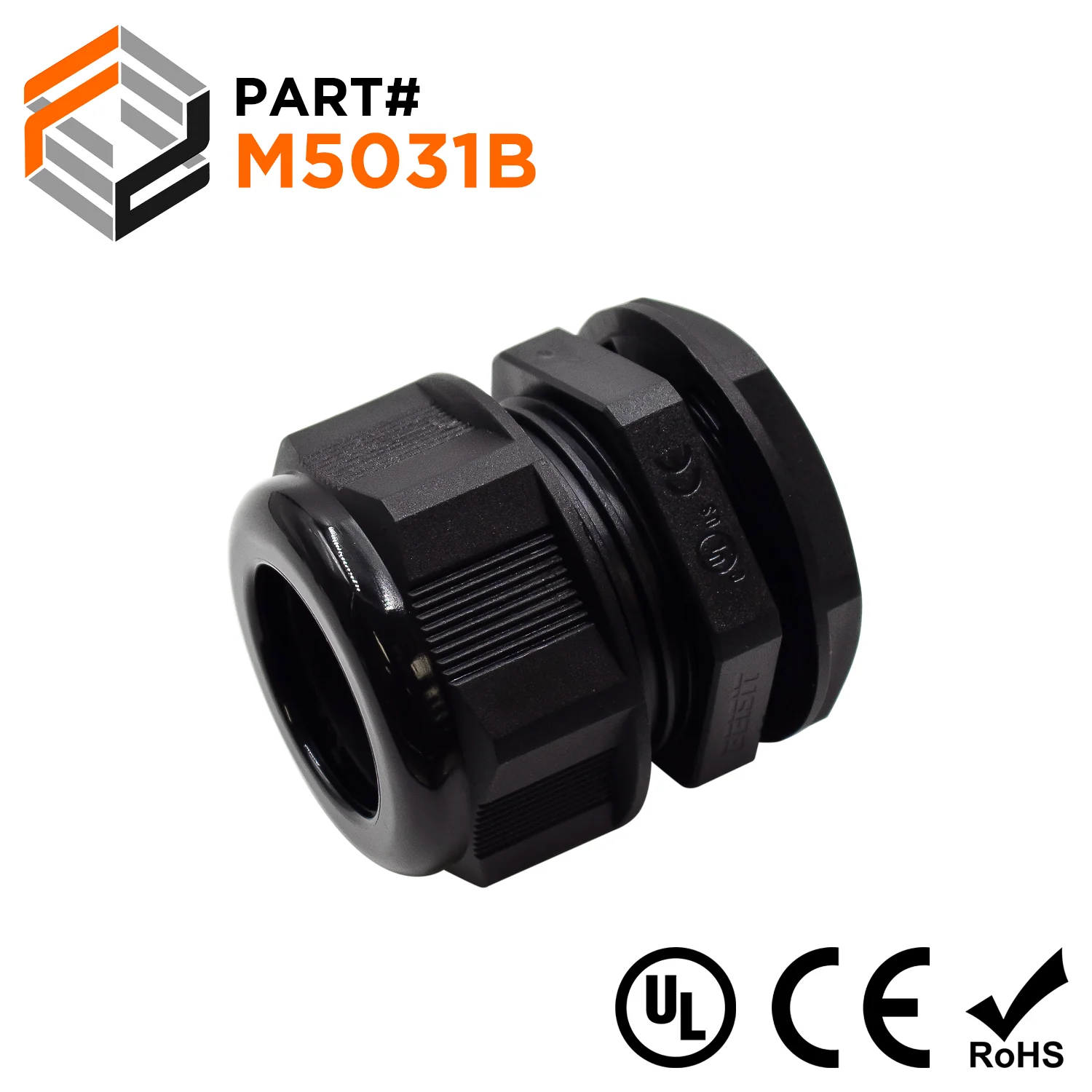 M5031B - M50 x 1.5mm Metric Thread Nylon Cable Gland, Black, Range: 1" to 1-1/4", UL Listed, IP68, IP69K - 1 Piece