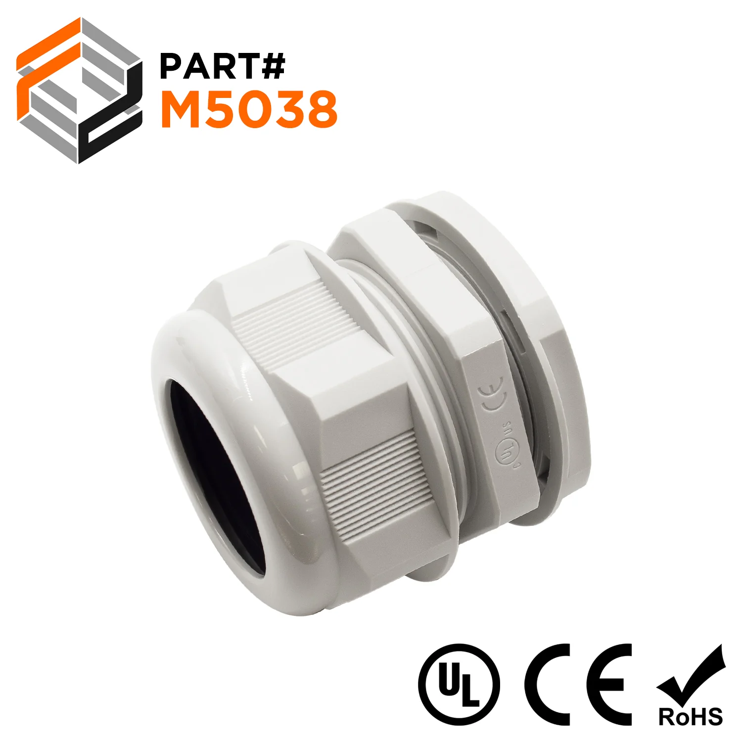 M5038GY - M50 x 1.5mm Metric Thread Nylon Cable Gland, Gray, Range: 1-1/4" to 1-1/2", UL Listed, IP68, IP69K - 1 Piece