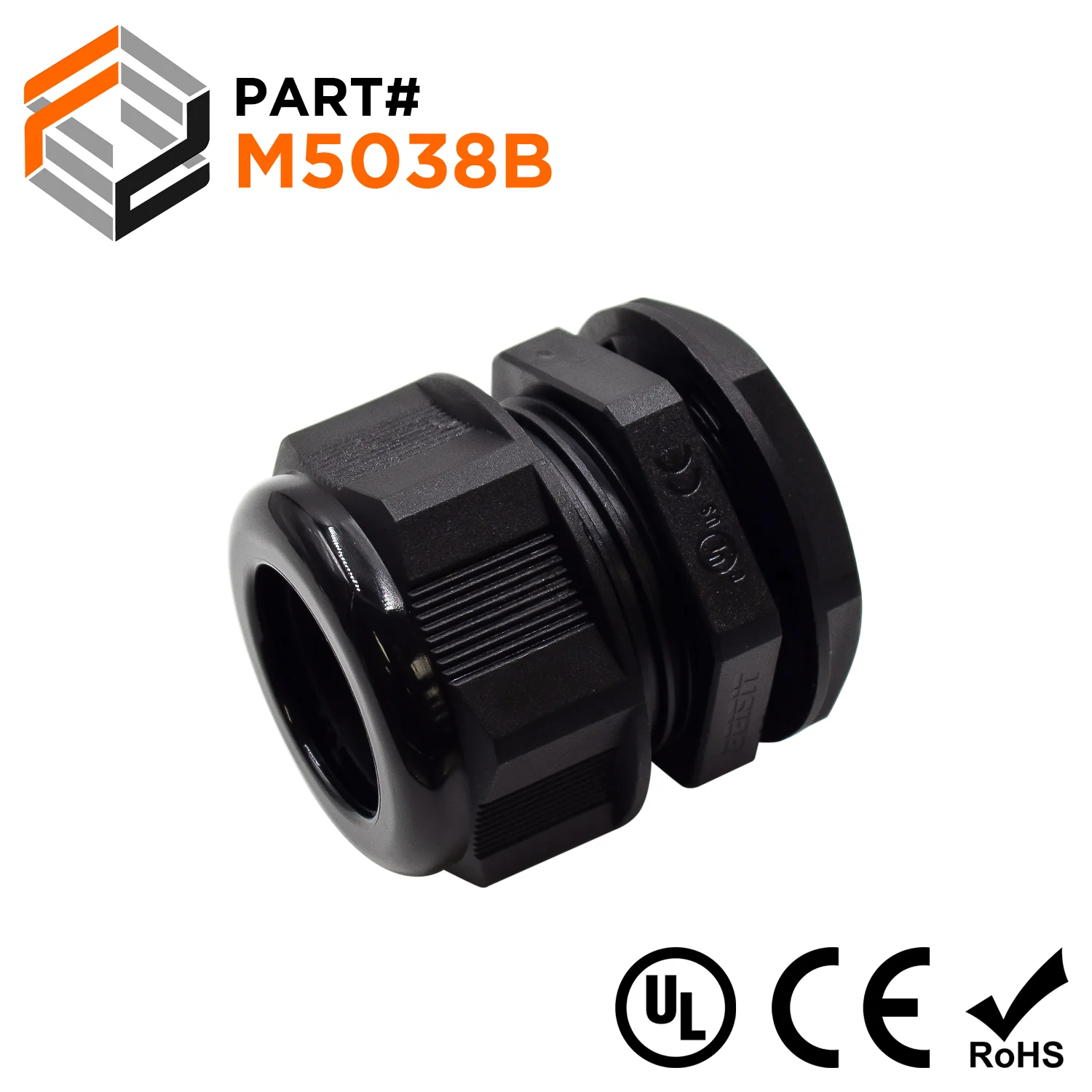 M5038B - M50 x 1.5mm Metric Thread Nylon Cable Gland, Black, Range: 1-1/4" to 1-1/2", UL Listed, IP68, IP69K - 1 Piece