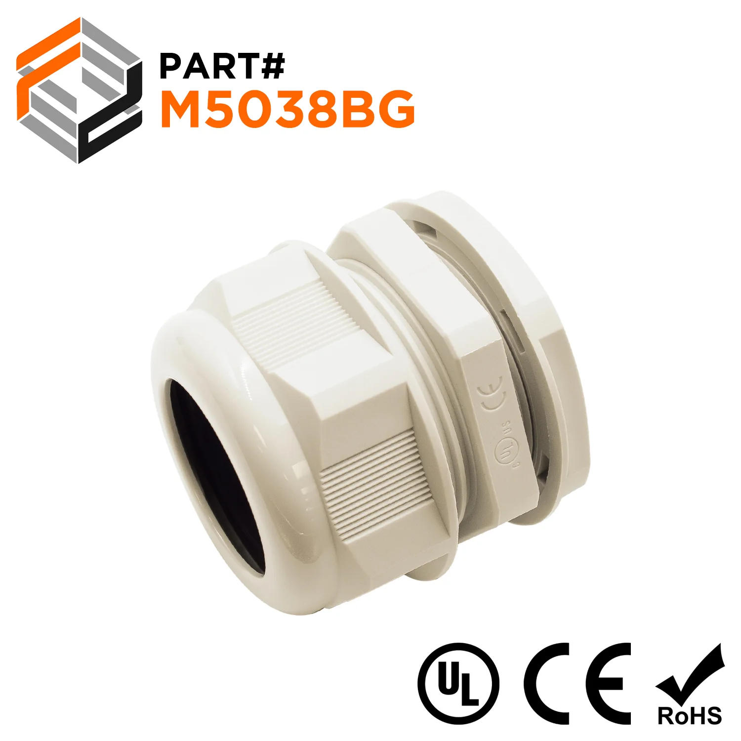 M5038BG - M50 x 1.5mm Metric Thread Nylon Cable Gland, Beige, Range: 1-1/4" to 1-1/2", UL Listed, IP68, IP69K - 1 Piece