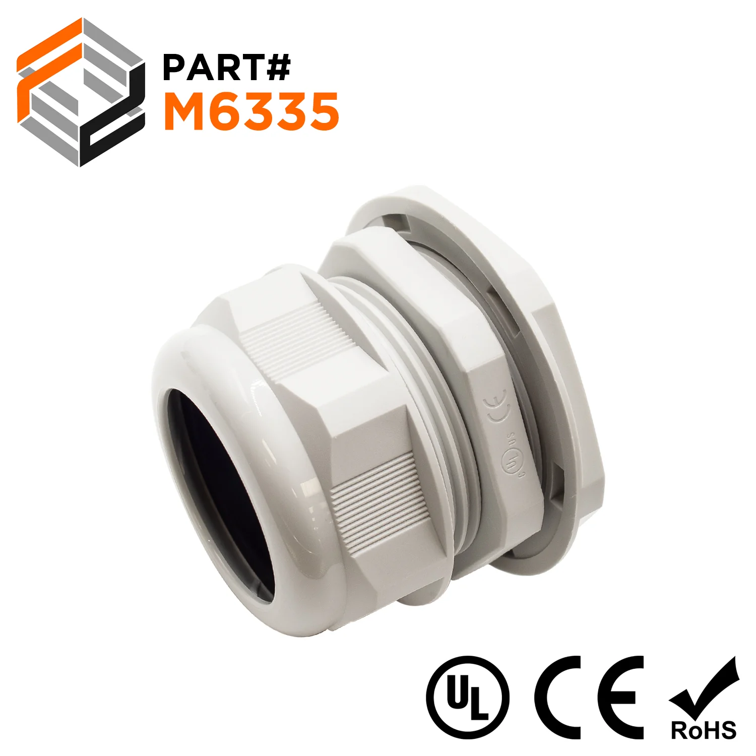 M6335GY - M63 x 1.5mm Metric Thread Nylon Cable Gland, Gray, Range: 1-1/8" to 1-3/8", UL Recognized, IP68